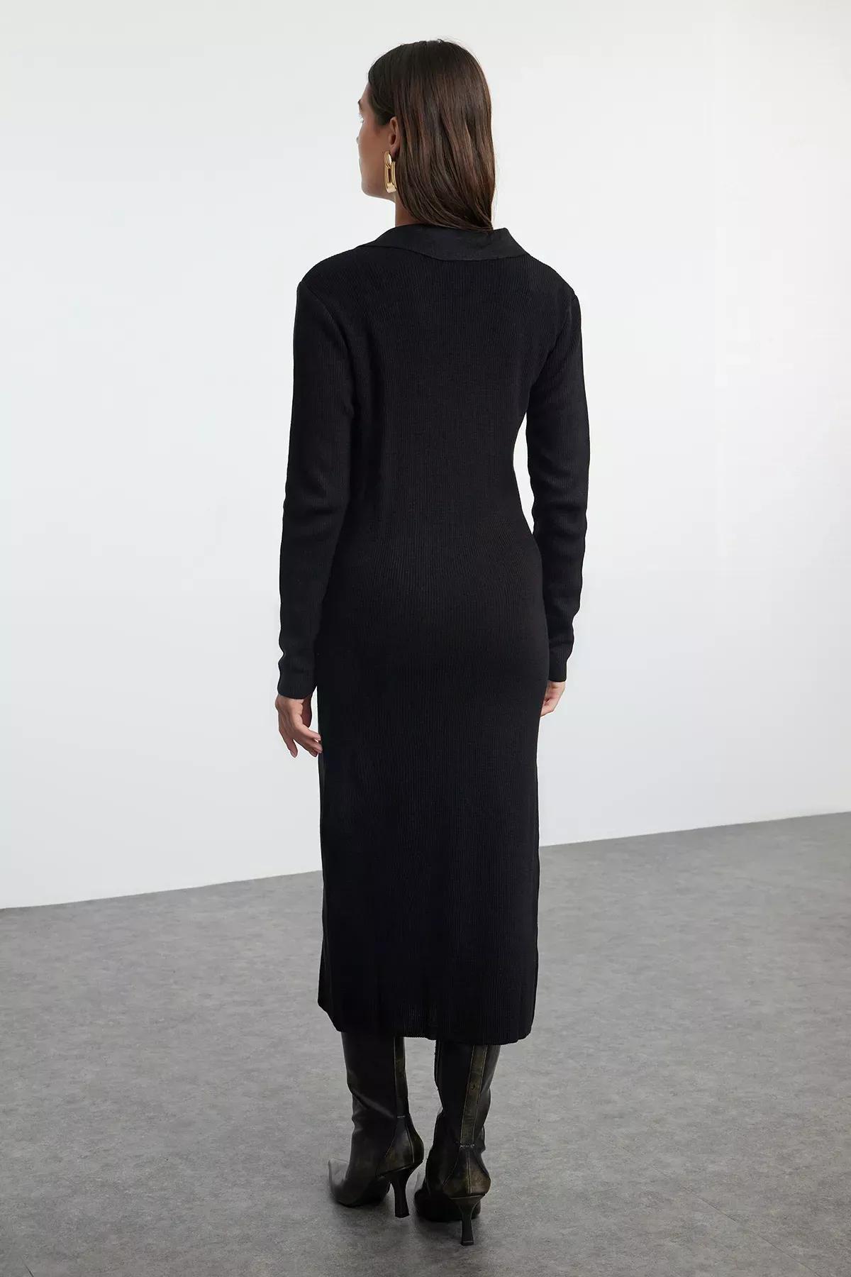 Black Knitwear Straight Double-Breasted Dress, , large image number 4