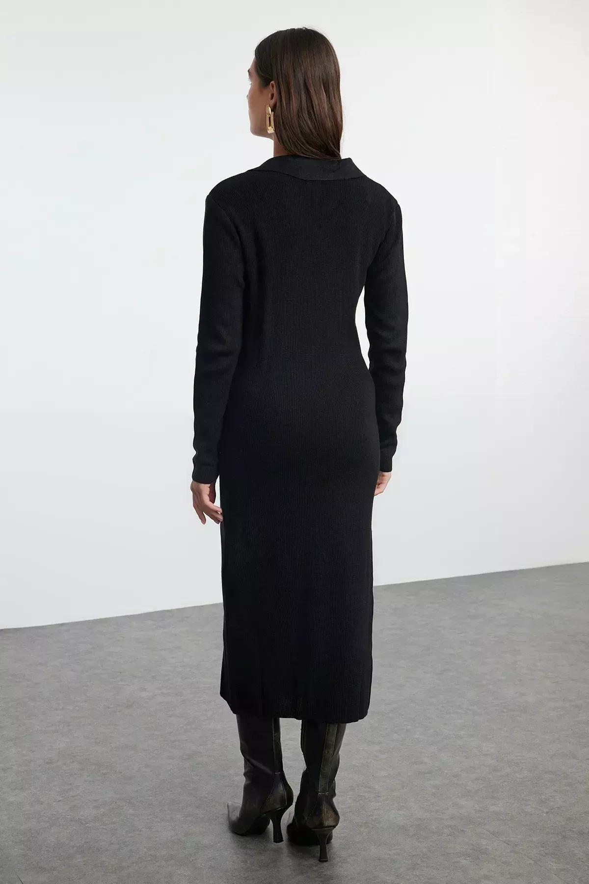 Black Knitwear Straight Double-Breasted Dress, BLACK, large image number 4