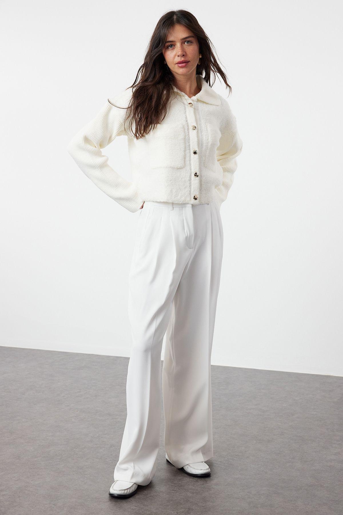 White Boucle Polo Neck Coat Cardigan,, , large image number 1