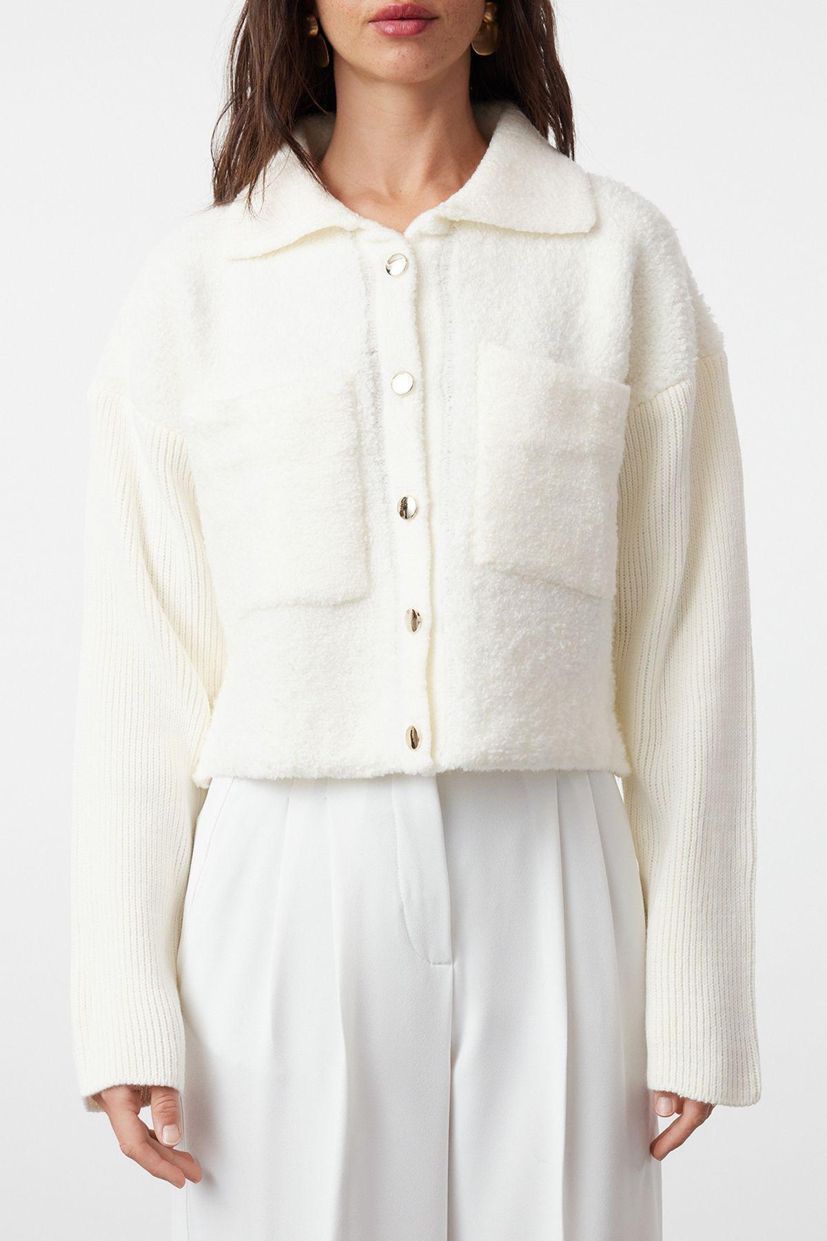 White Boucle Polo Neck Coat Cardigan,, , large image number 2