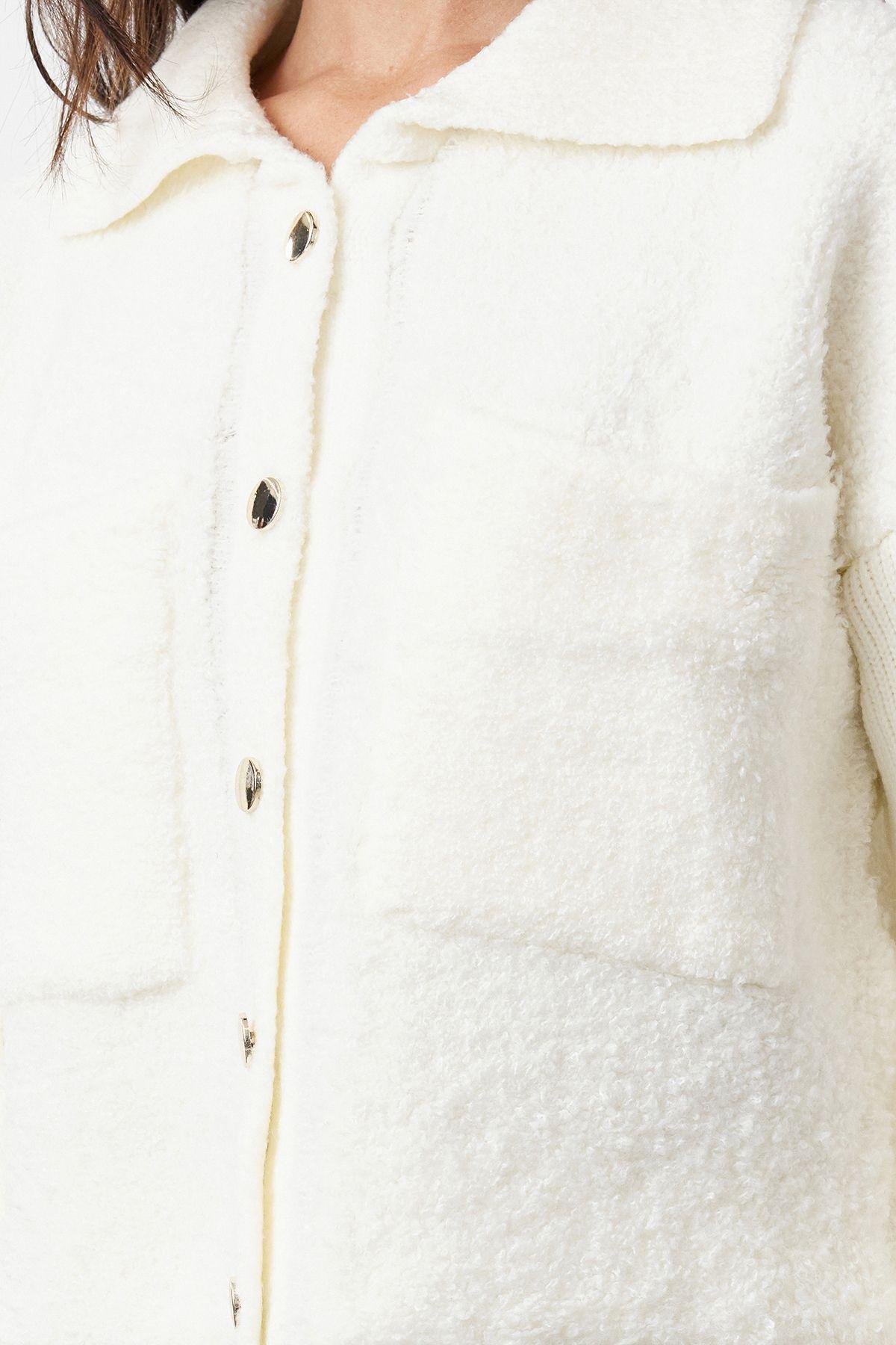 White Boucle Polo Neck Coat Cardigan,, , large image number 3