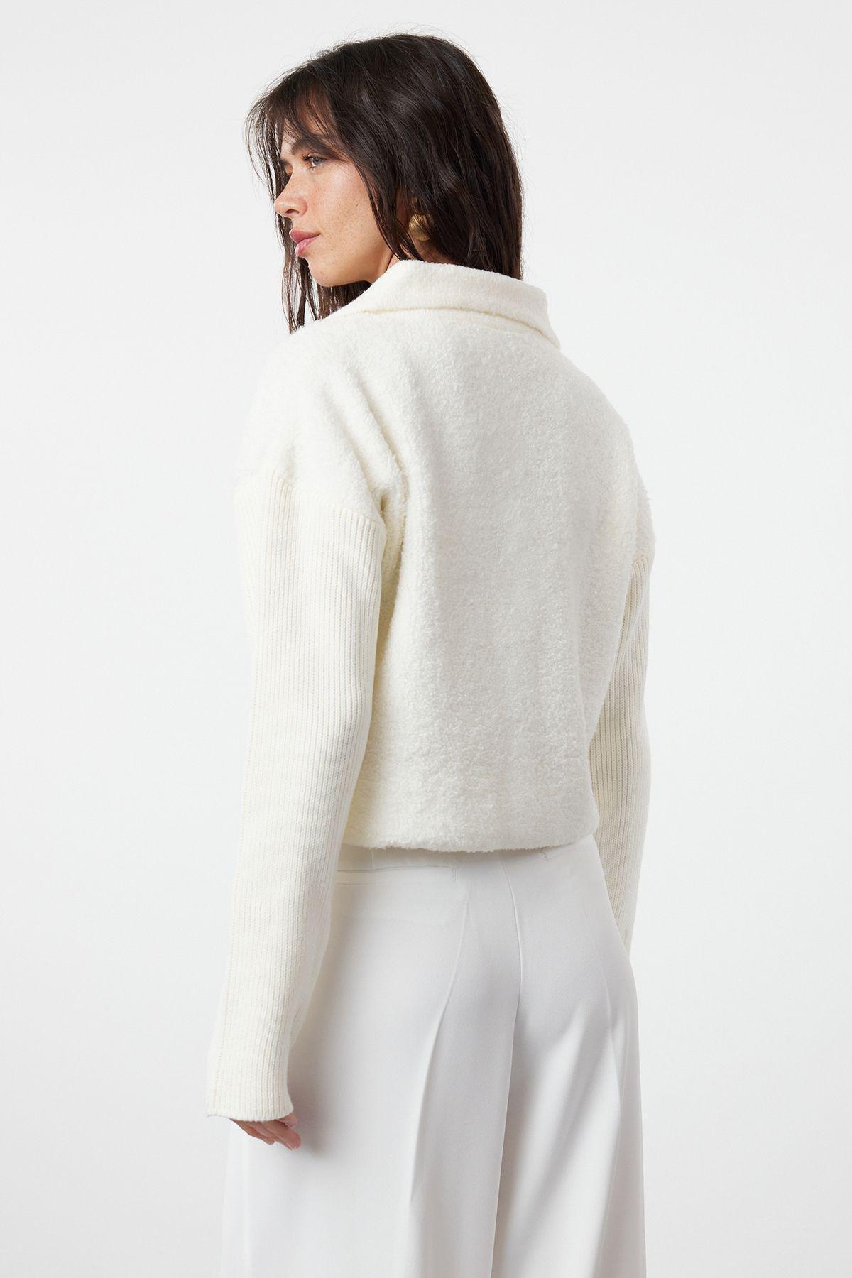 White Boucle Polo Neck Coat Cardigan,, , large image number 4