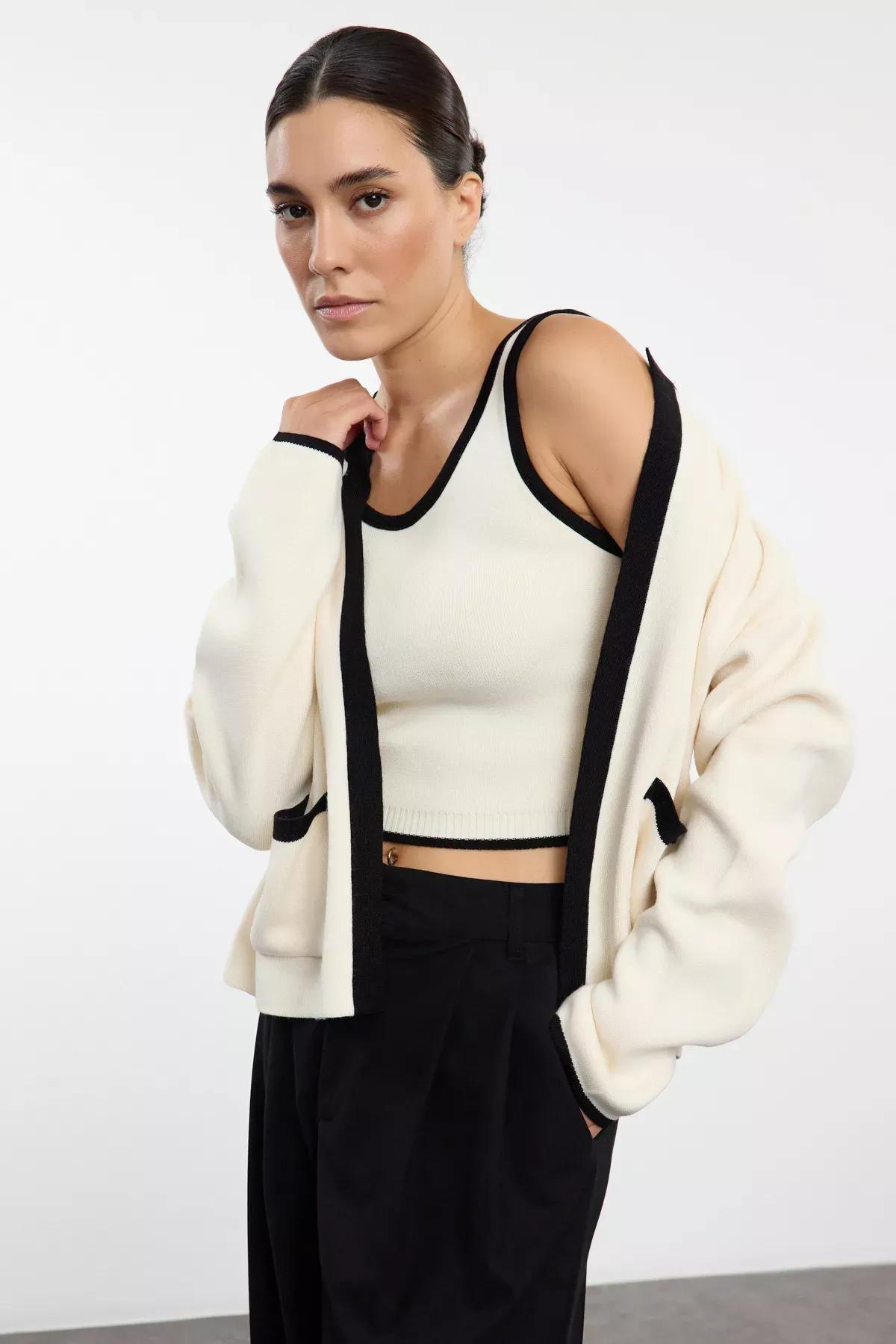 Beige Color Block Knitted Cardigan Set, , large image number 0