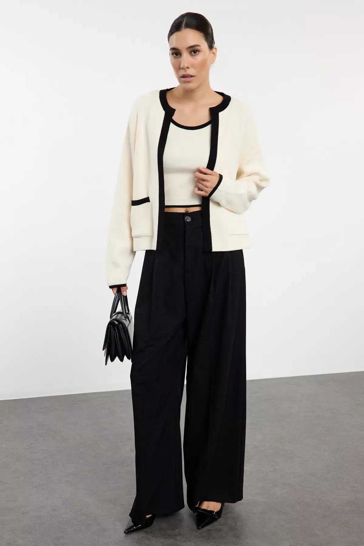 Beige Color Block Knitted Cardigan Set, STONE, medium