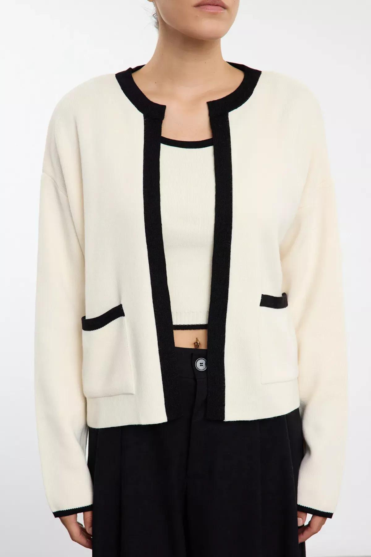 Beige Color Block Knitted Cardigan Set, STONE, medium