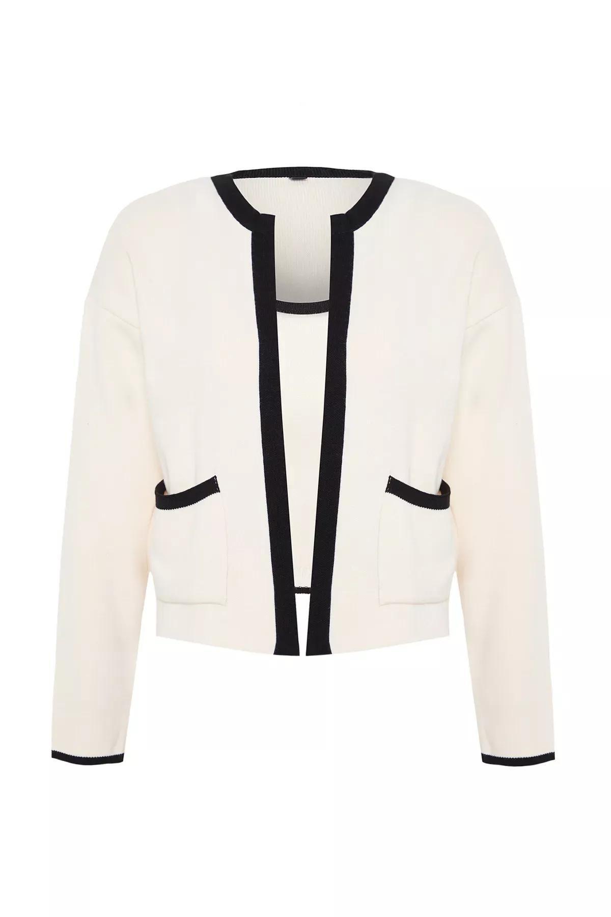 Beige Color Block Knitted Cardigan Set, STONE, large image number 5