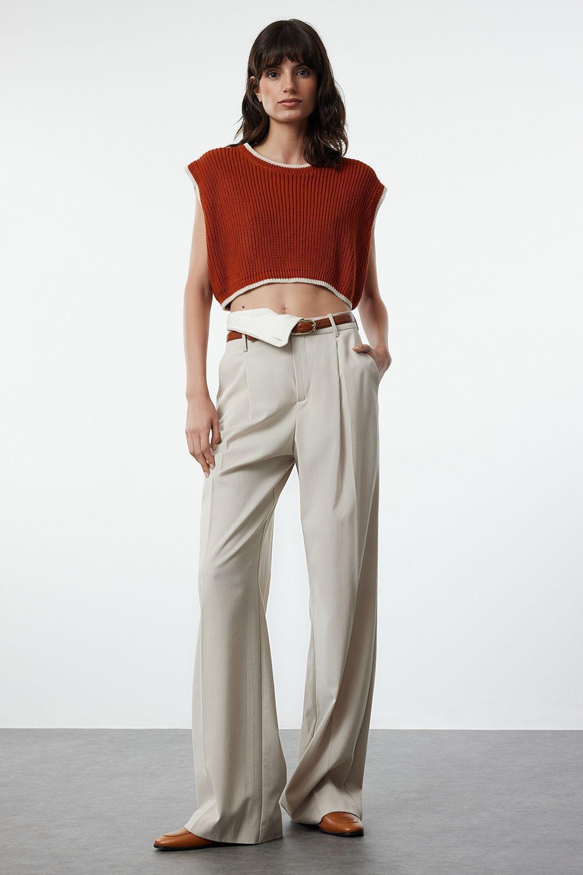Red Plain Cropped Sweater, , medium