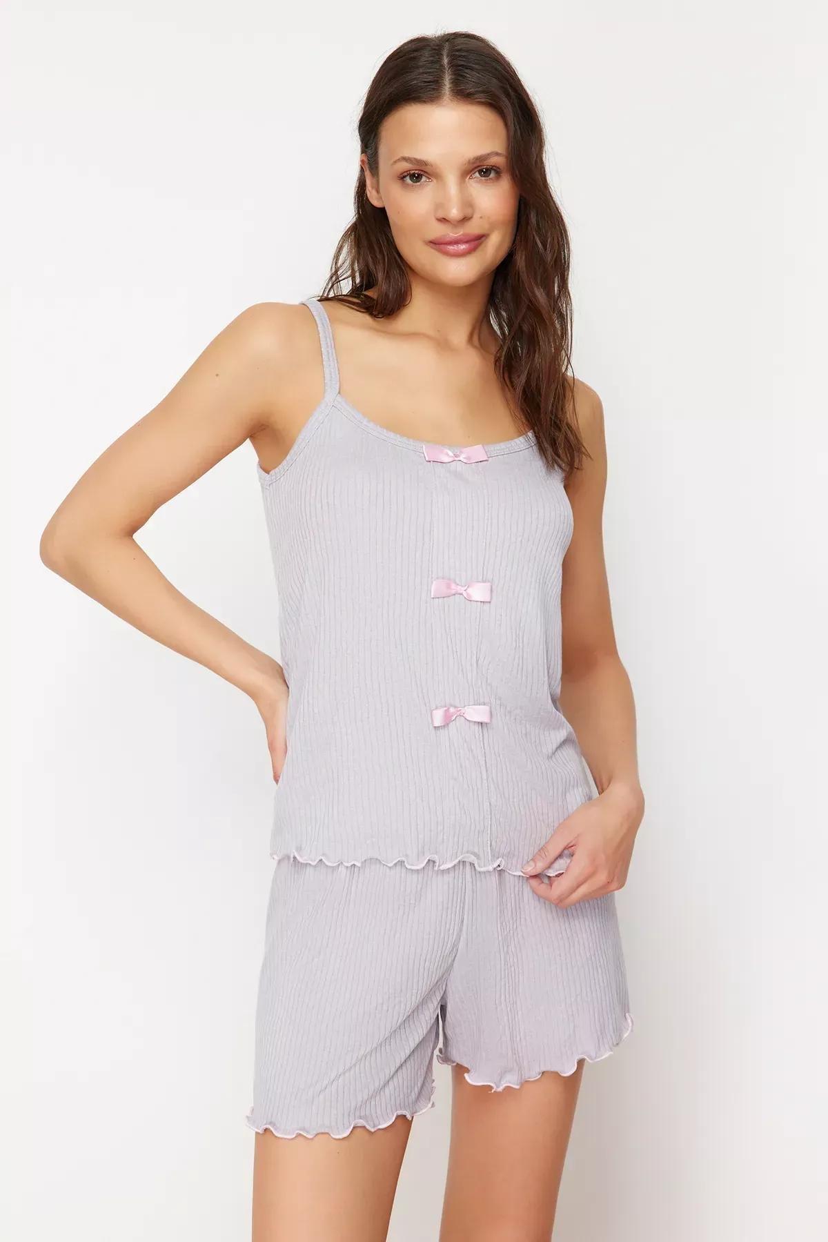 Grey Detailed Corded Knitted Pyjamas Set, Grey, large image number 2