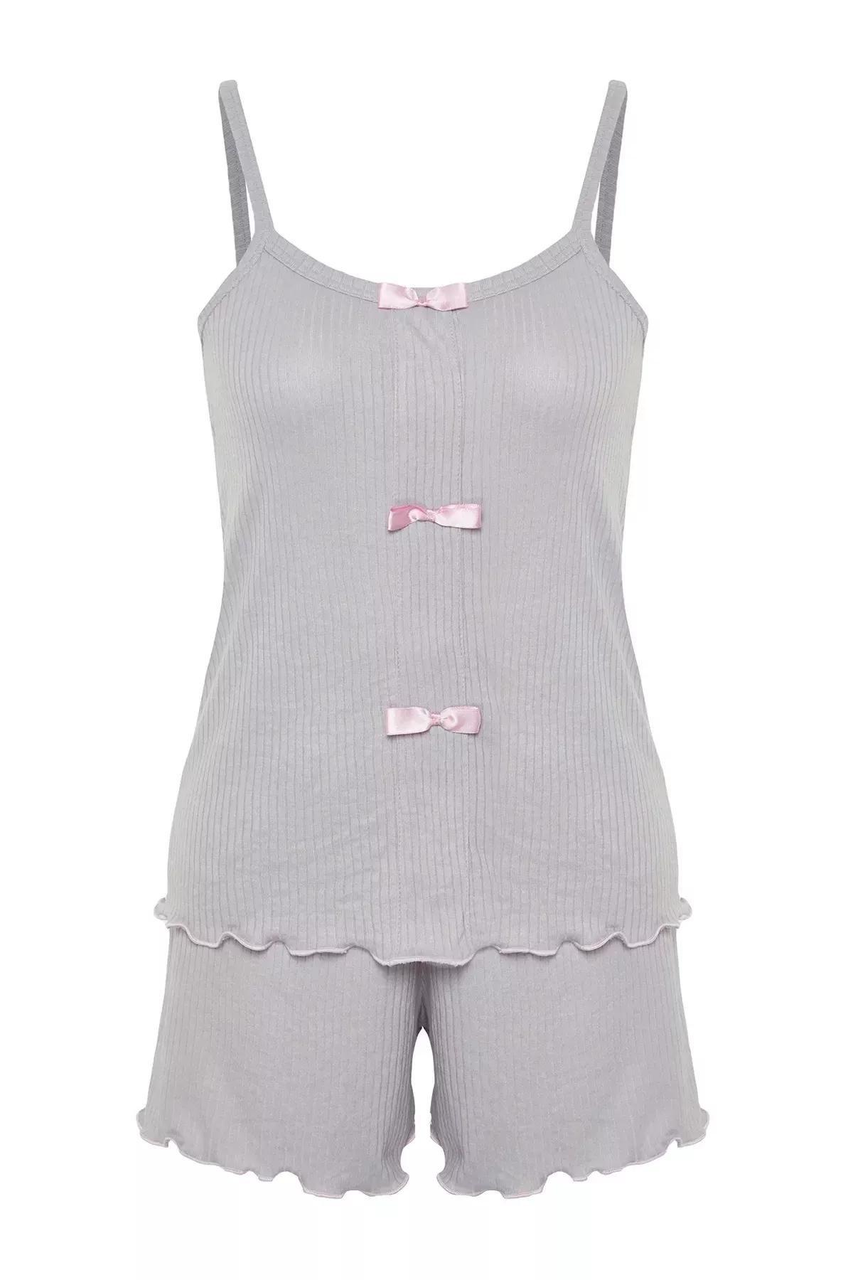 Grey Detailed Corded Knitted Pyjamas Set, Grey, large image number 5