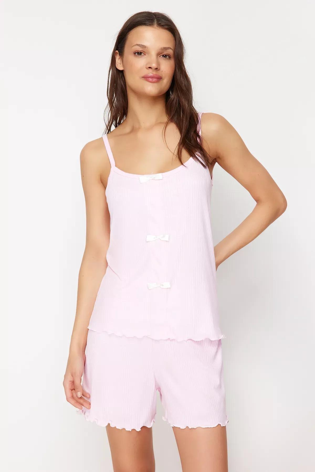 Pink Bow Strap Knit Pajama Set, LIGHT PINK, large image number 1