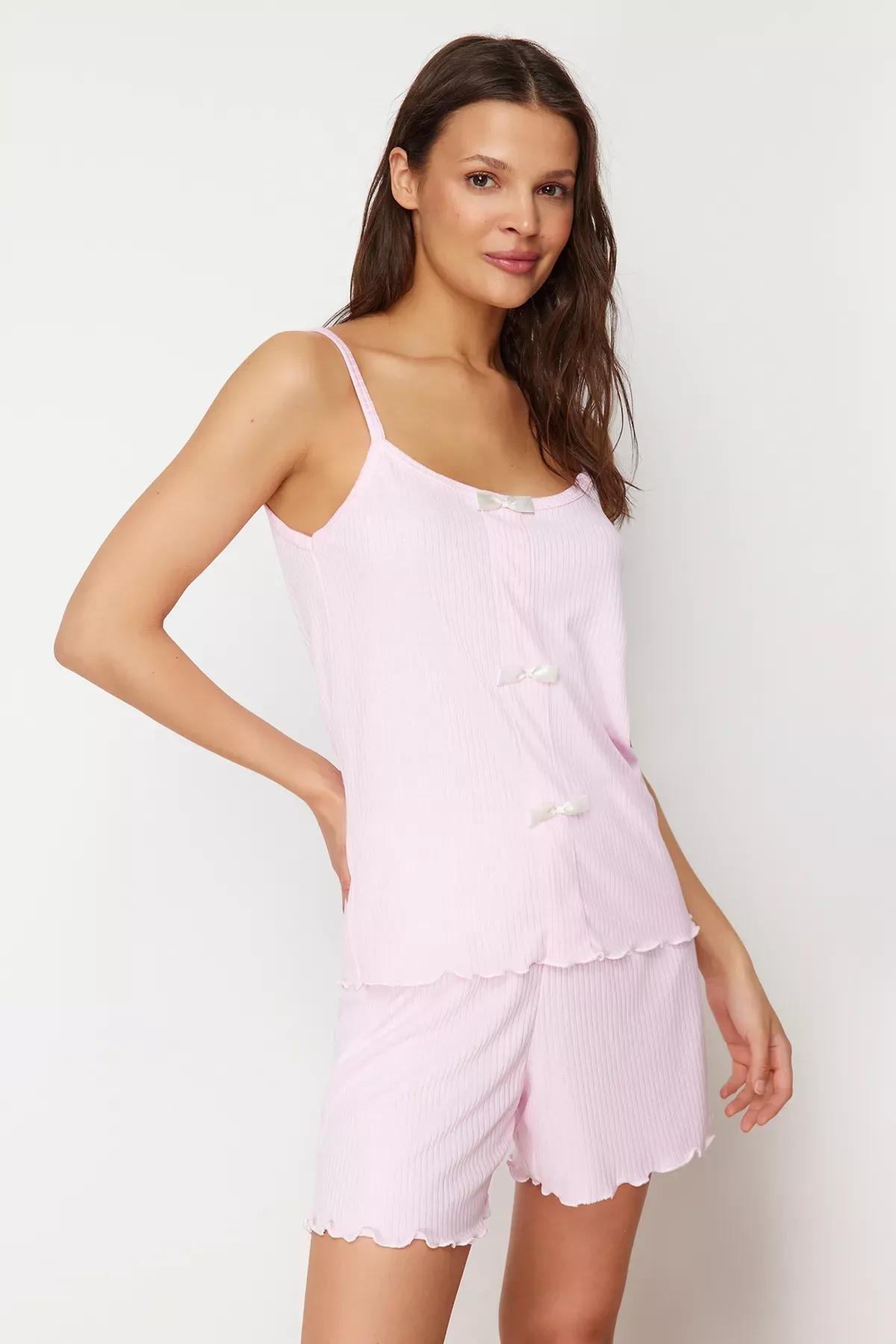 Pink Bow Strap Knit Pajama Set, LIGHT PINK, large image number 2