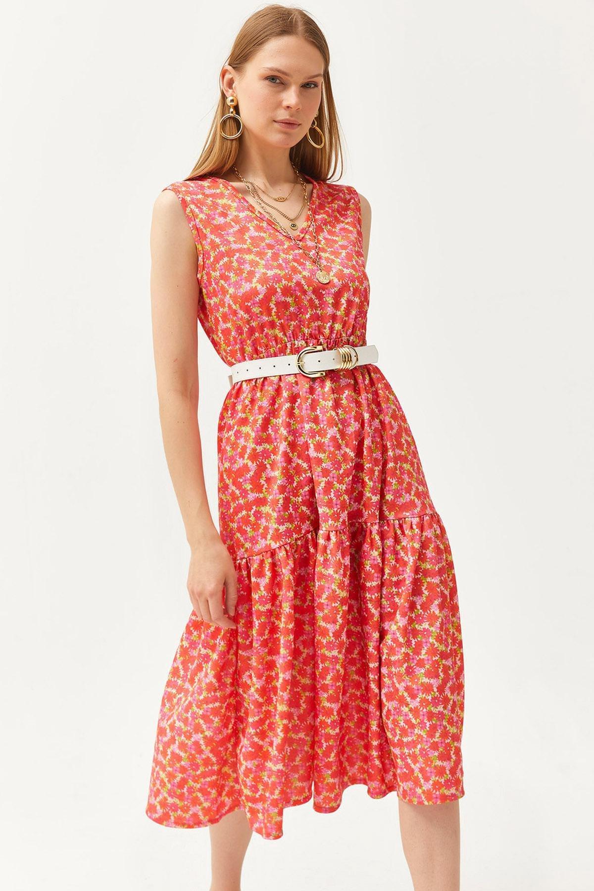 Red Floral Milkmaid Midi Dress, , large image number 0