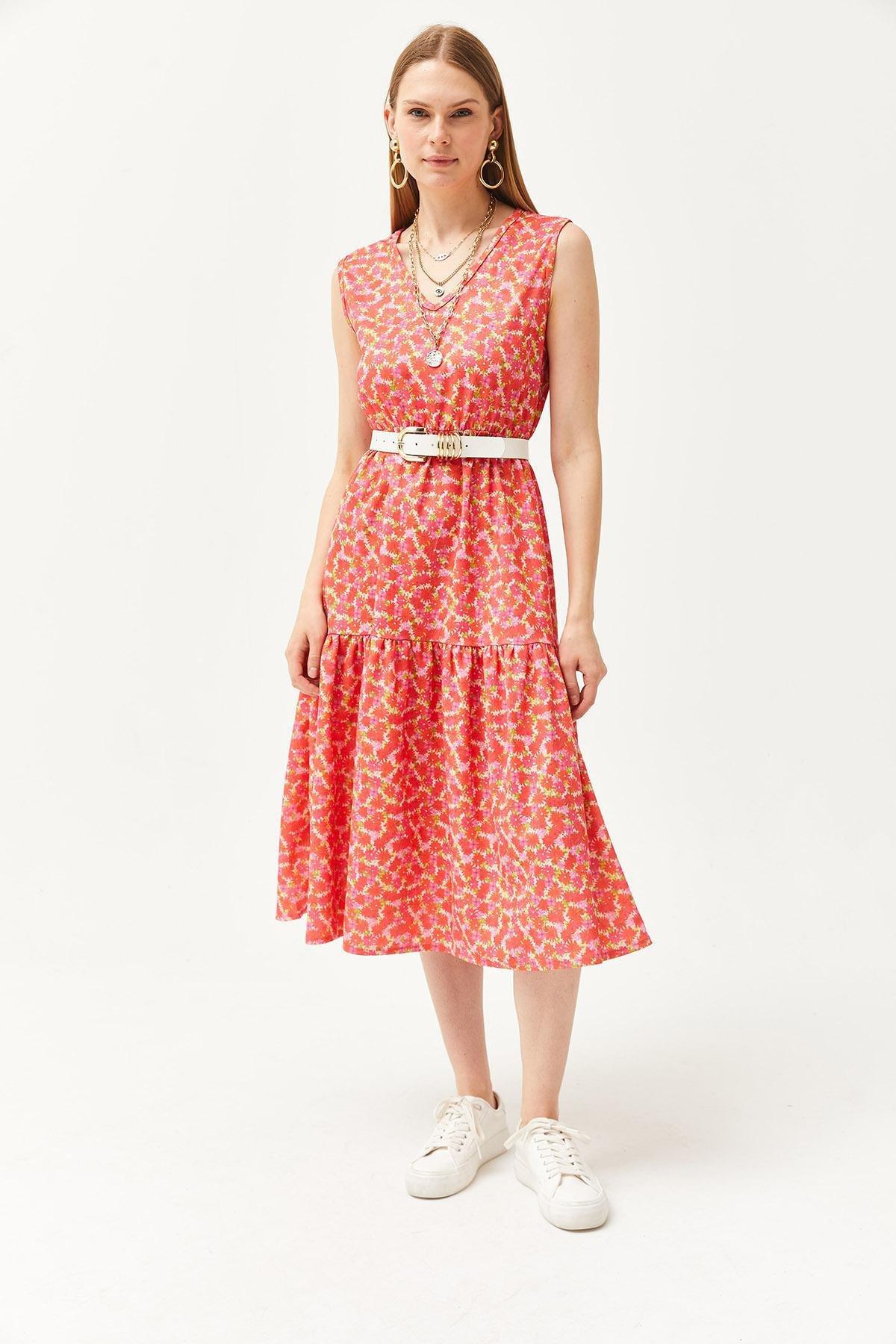 Red Floral Milkmaid Midi Dress, , large image number 1