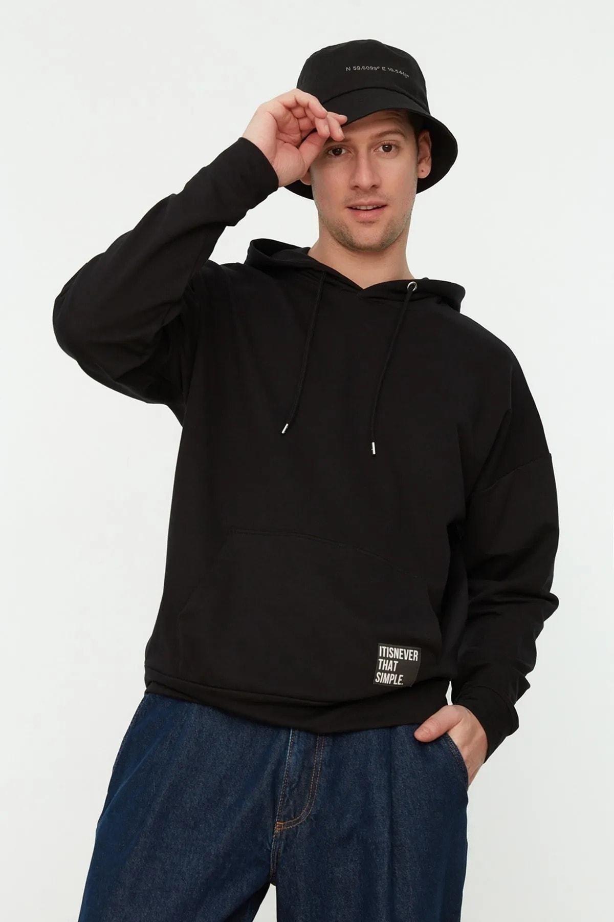 Black Oversize Hooded Sweatshirt, Black, large image number 0