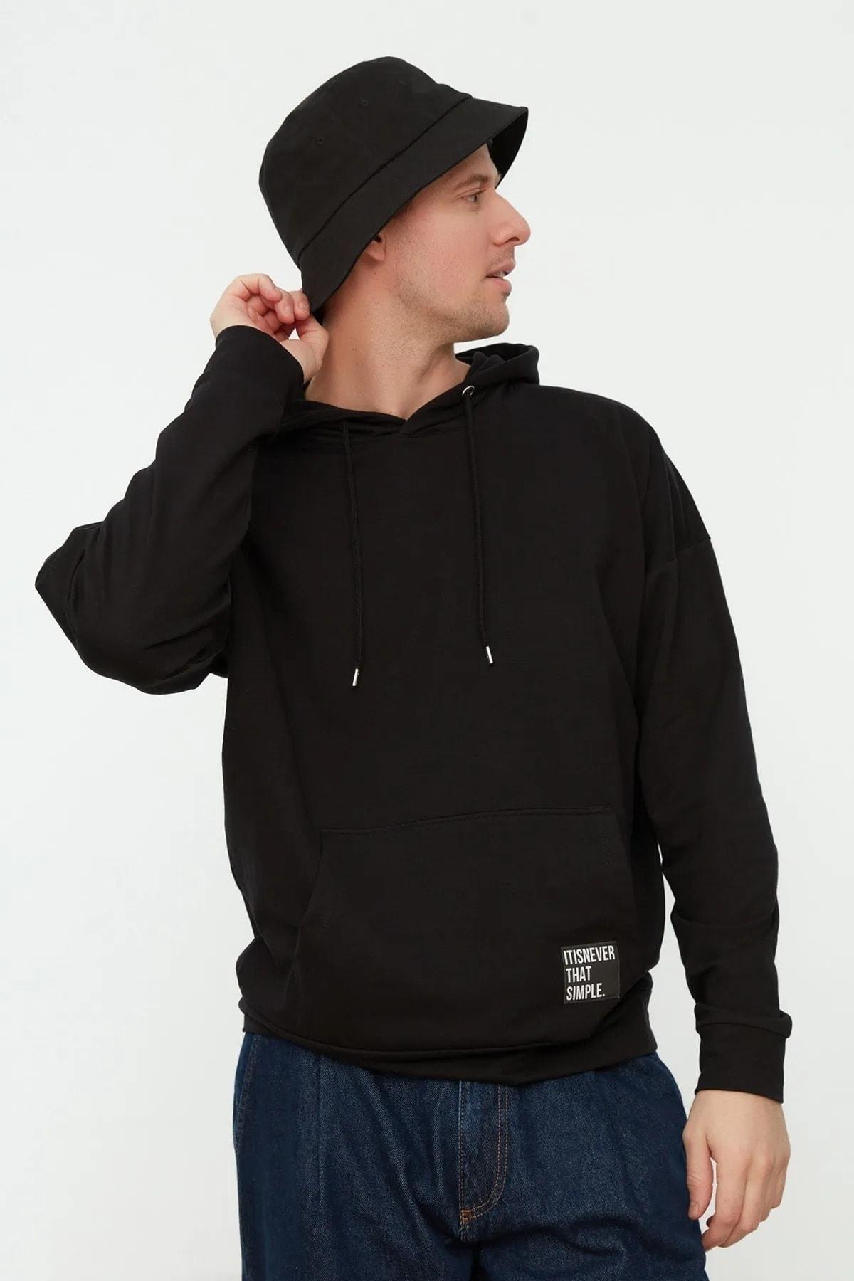 Black Oversize Hooded Sweatshirt, Black, large image number 1