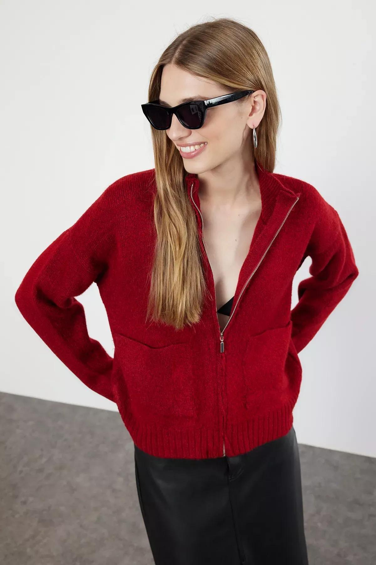 Burgundy Textured Zippered Knitwear Cardigan, Burgundy, large image number 0