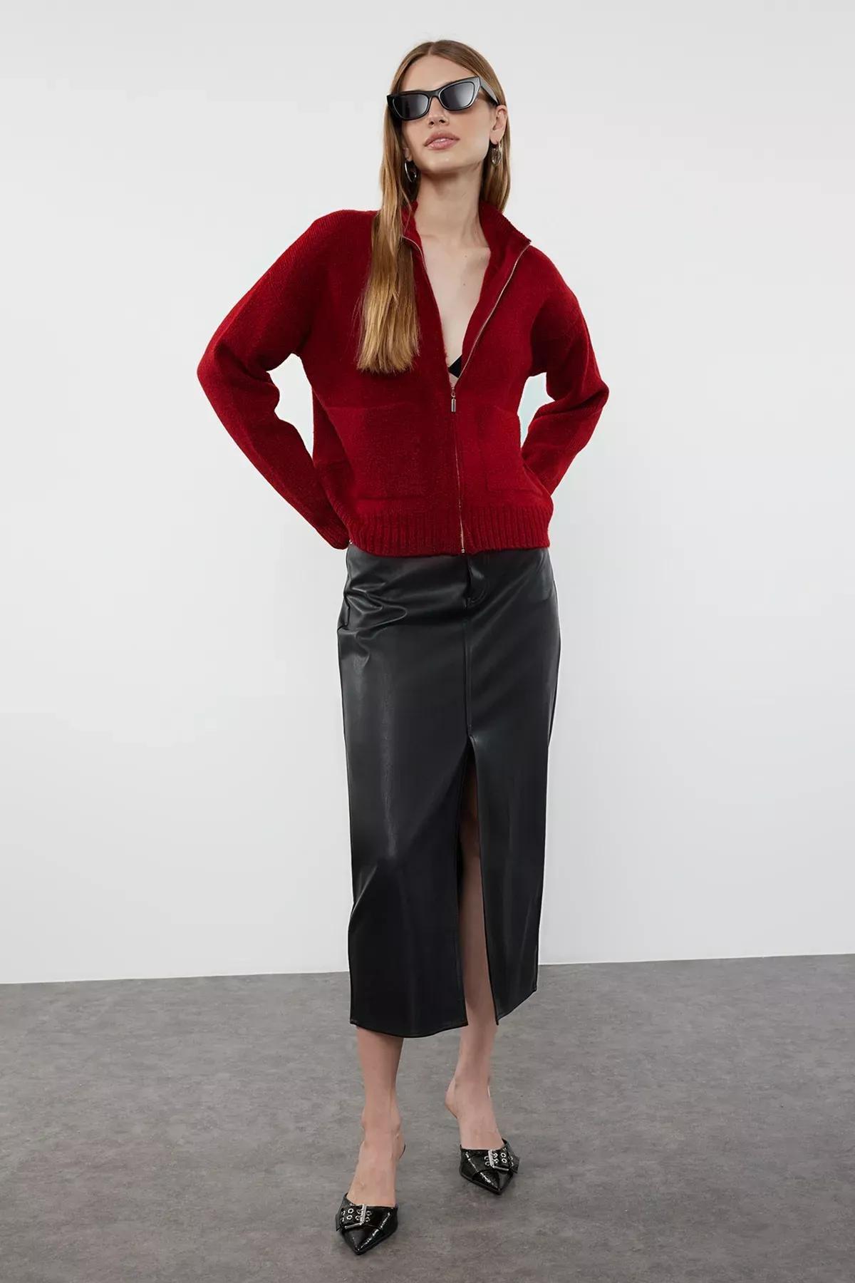 Burgundy Textured Zippered Knitwear Cardigan, Burgundy, large image number 1