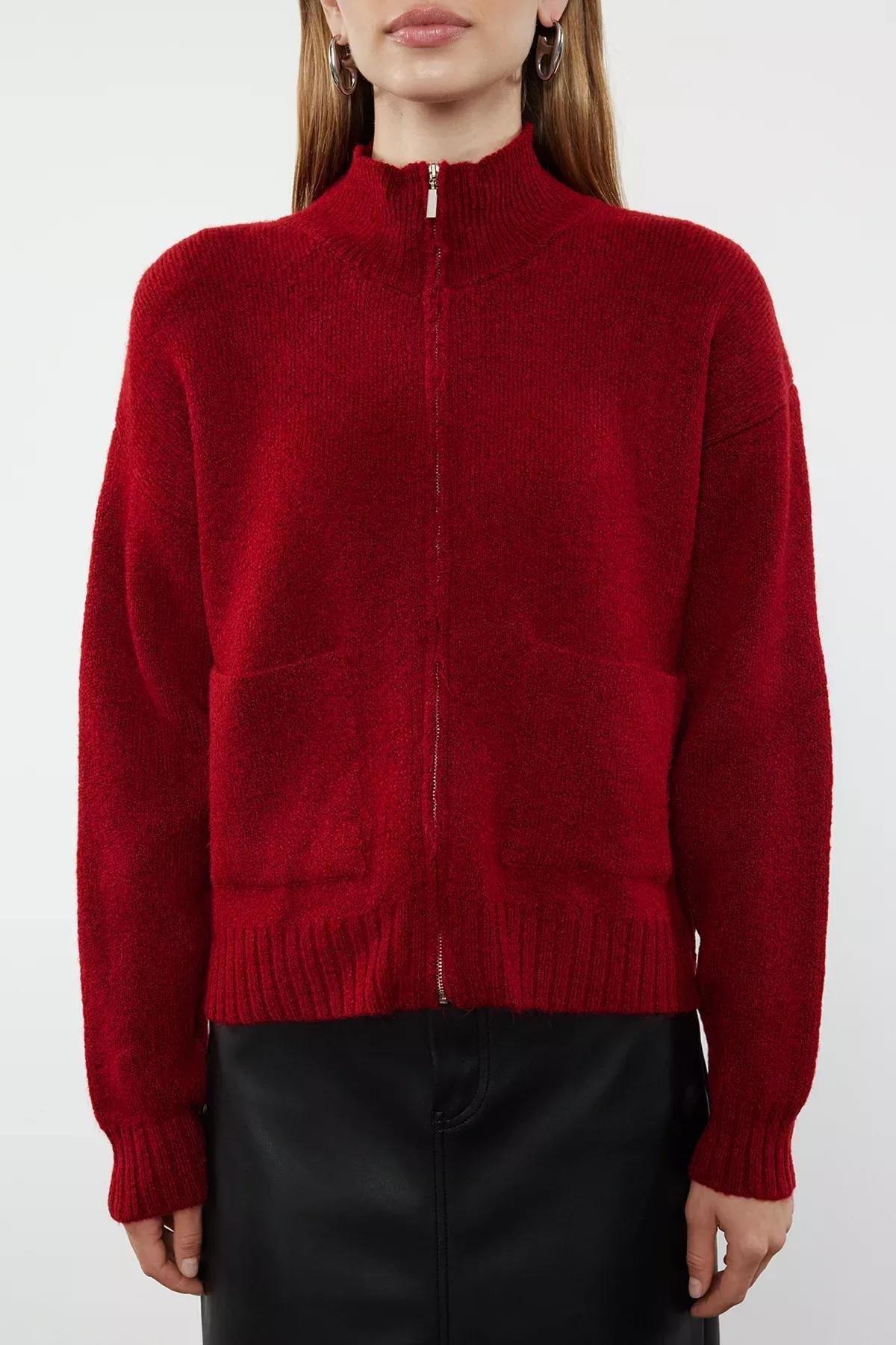 Burgundy Textured Zippered Knitwear Cardigan, Burgundy, large image number 2