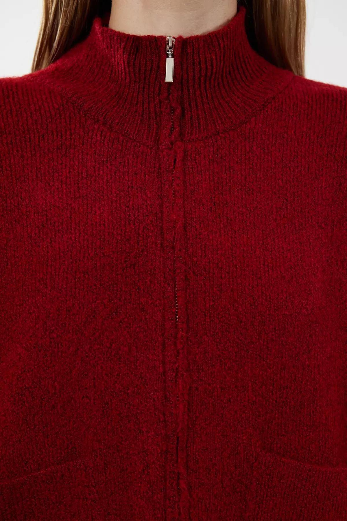 Burgundy Textured Zippered Knitwear Cardigan, Burgundy, large image number 3