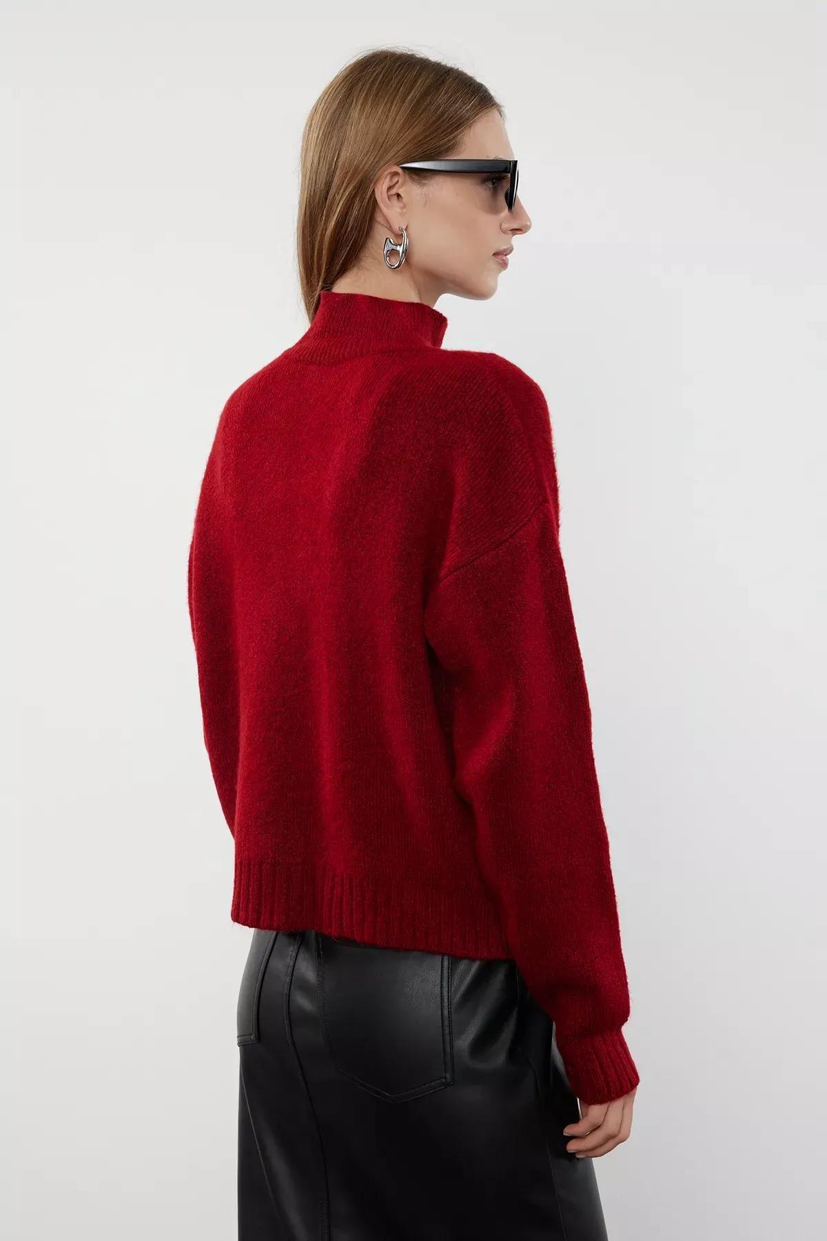Burgundy Textured Zippered Knitwear Cardigan, Burgundy, large image number 4
