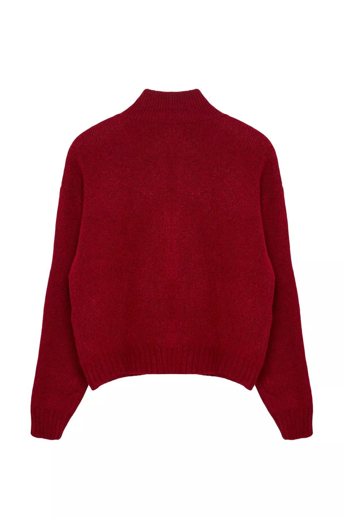Burgundy Textured Zippered Knitwear Cardigan, Burgundy, large image number 5
