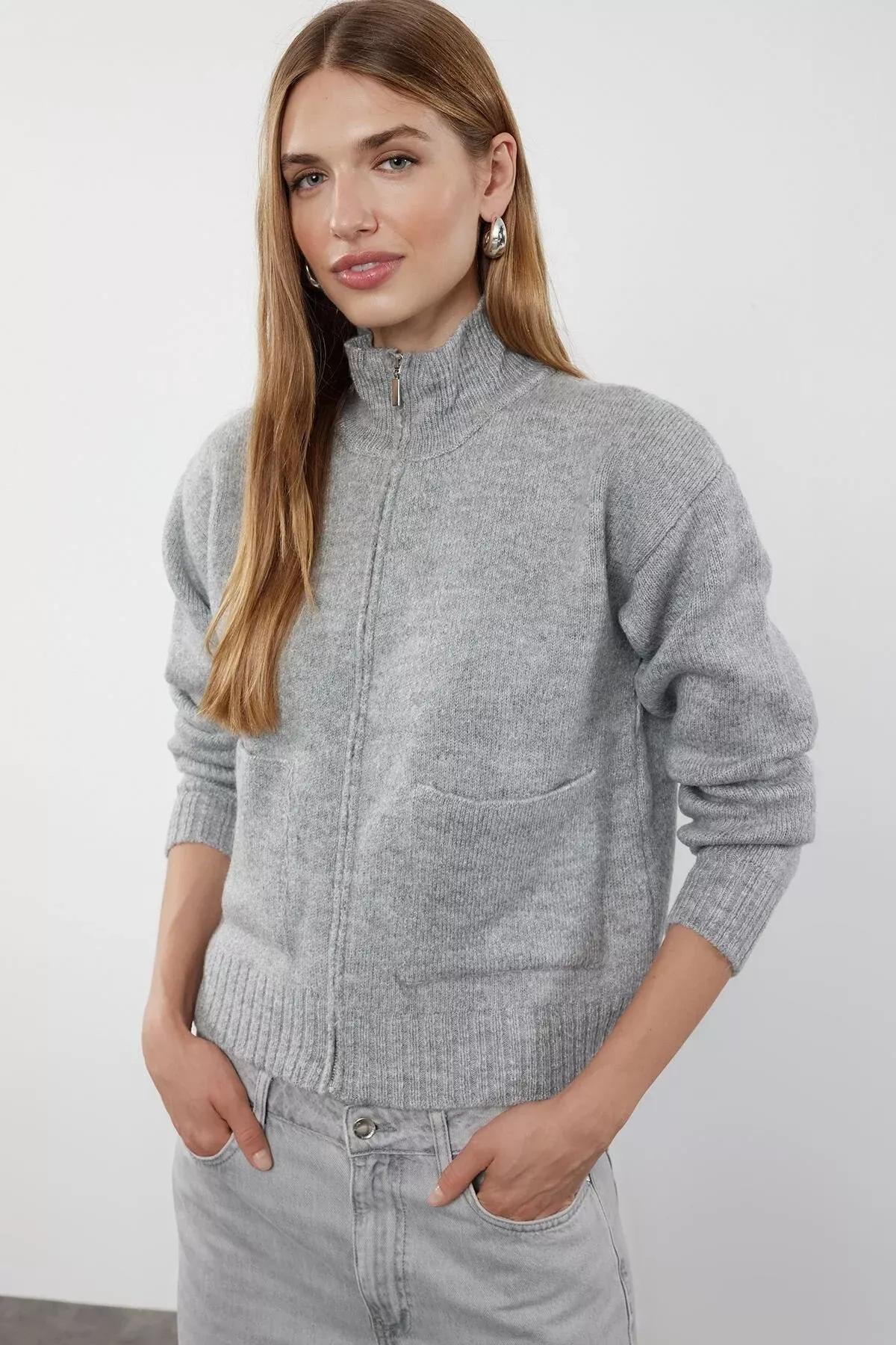 Grey Textured Zippered Knitwear Cardigan, Grey, large image number 0