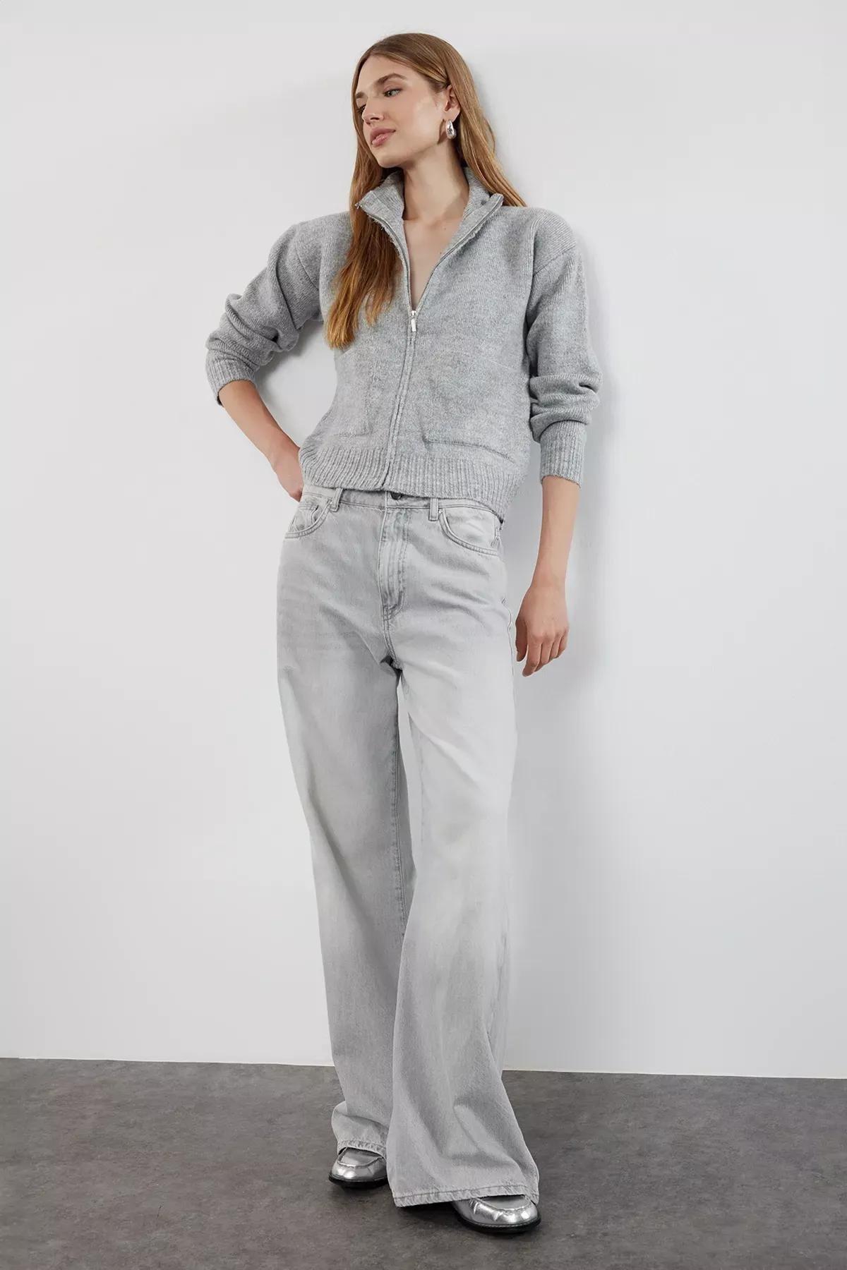 Grey Textured Zippered Knitwear Cardigan, Grey, large image number 1