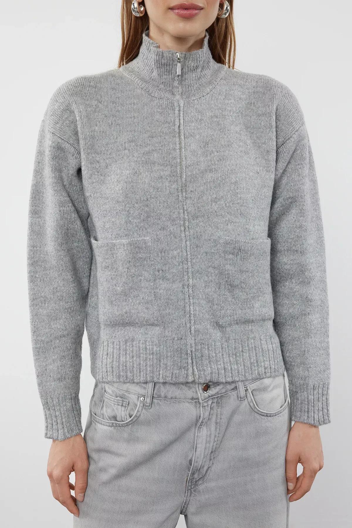 Grey Textured Zippered Knitwear Cardigan, Grey, large image number 2