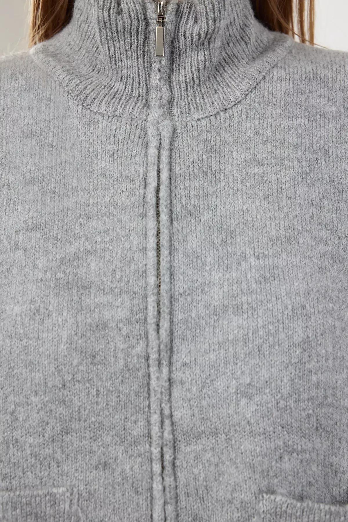 Grey Textured Zippered Knitwear Cardigan, Grey, large image number 3