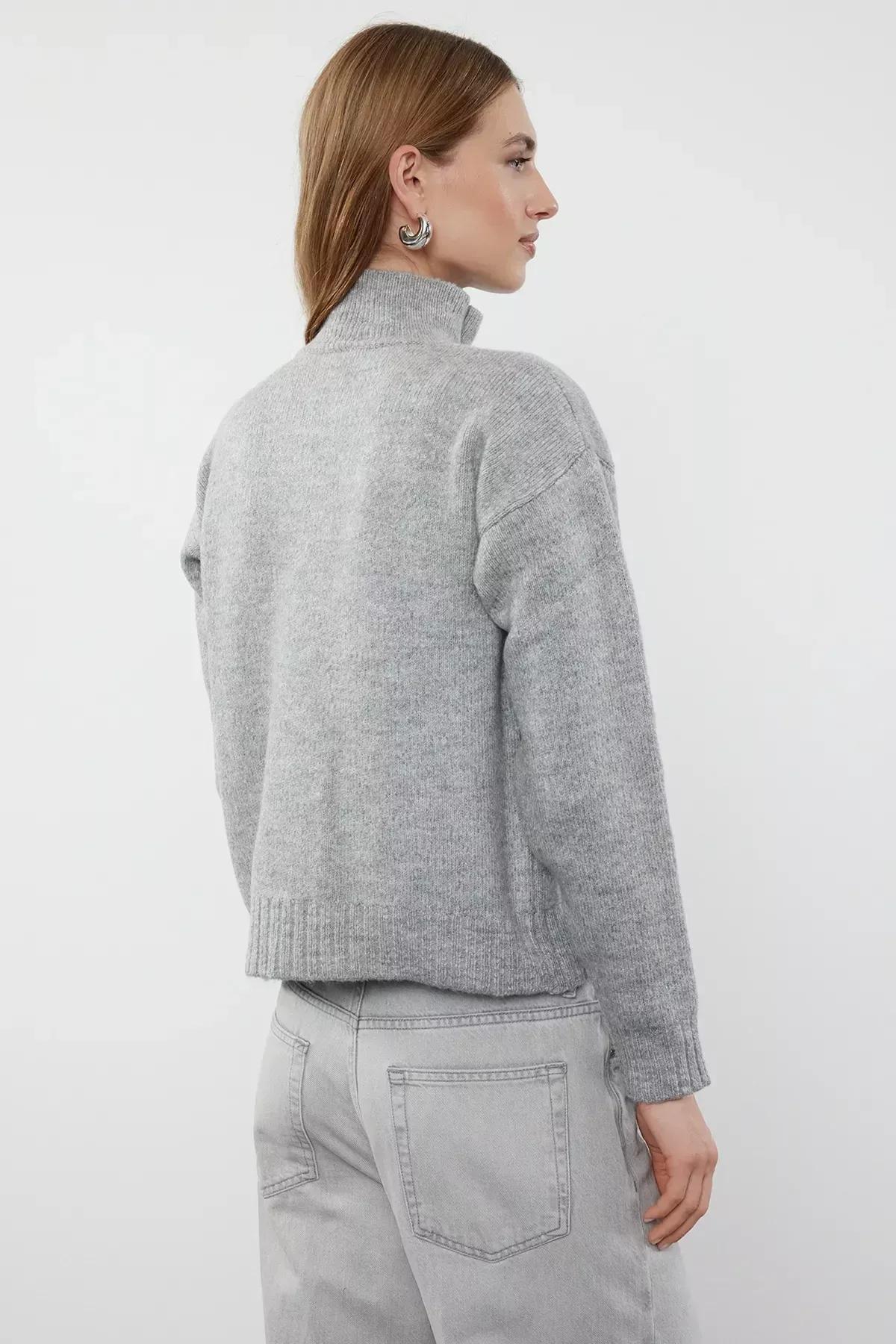 Grey Textured Zippered Knitwear Cardigan, Grey, large image number 4