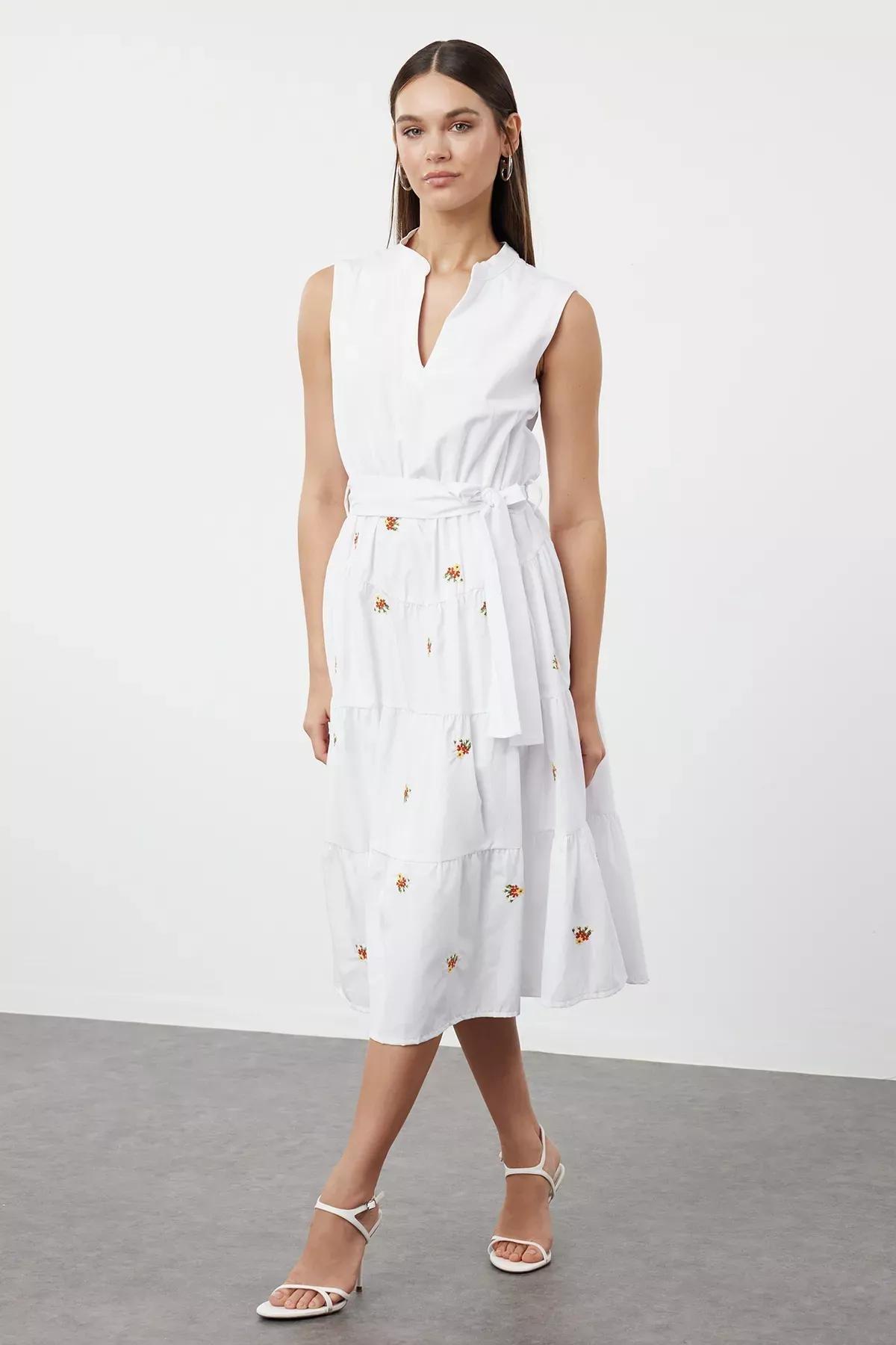White Embroidered Midi Shirt Dress, White, large image number 0