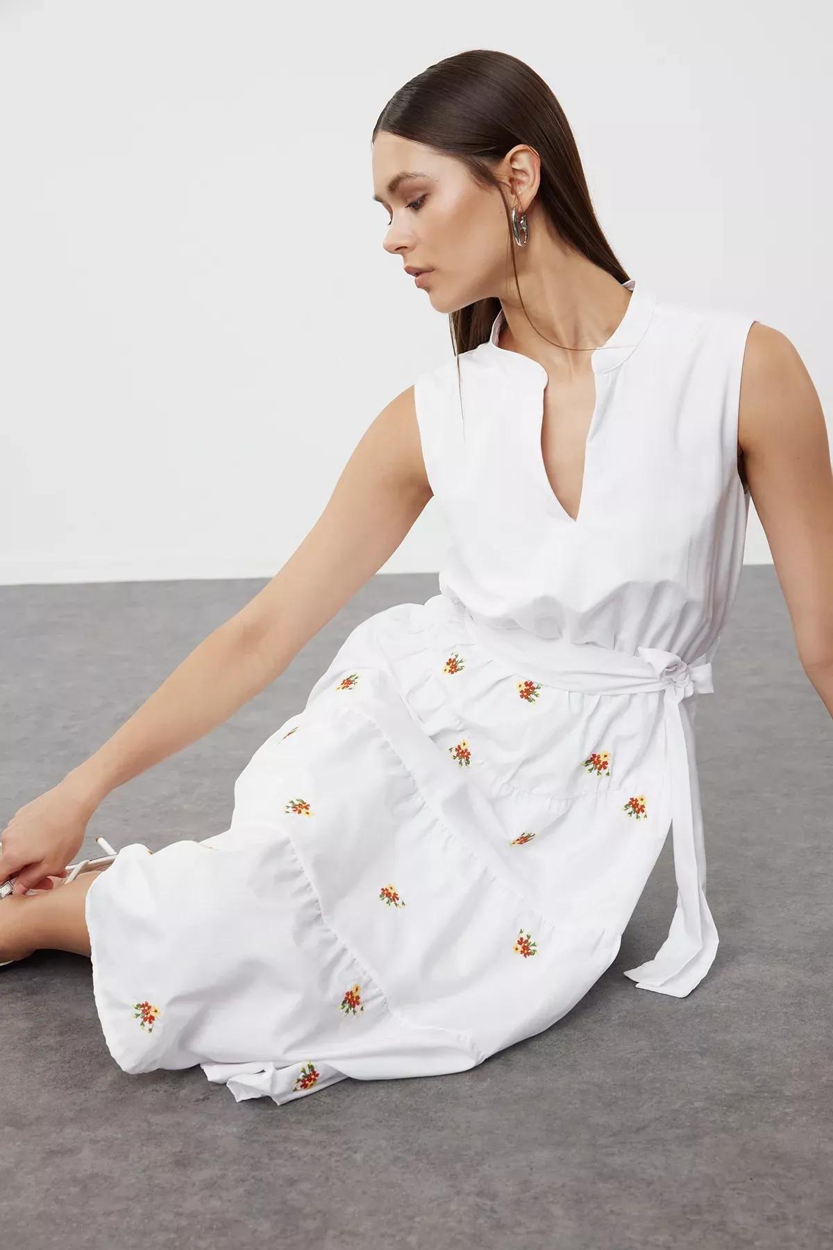White Embroidered Midi Shirt Dress, White, large image number 1