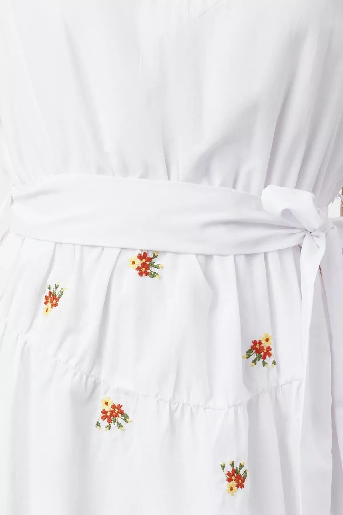 White Embroidered Midi Shirt Dress, White, large image number 2