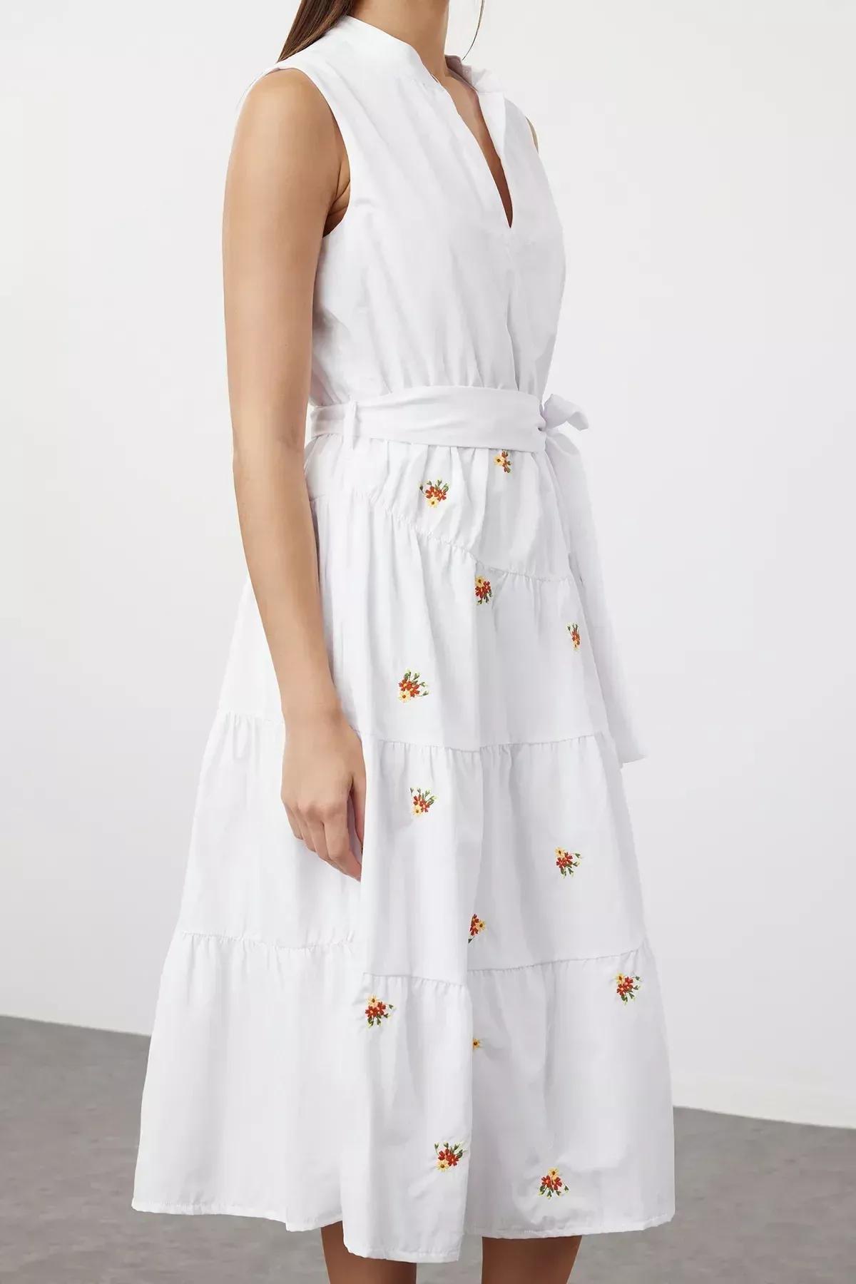 White Embroidered Midi Shirt Dress, White, large image number 3