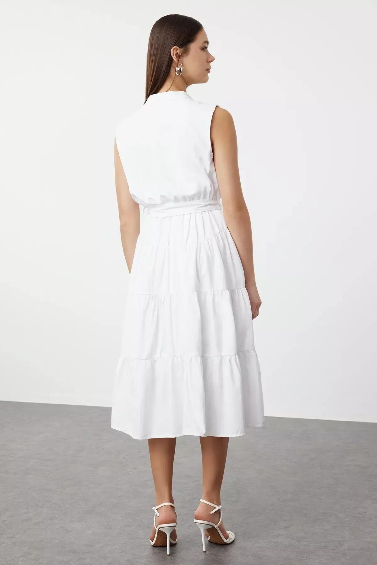 White Embroidered Midi Shirt Dress, White, large image number 4