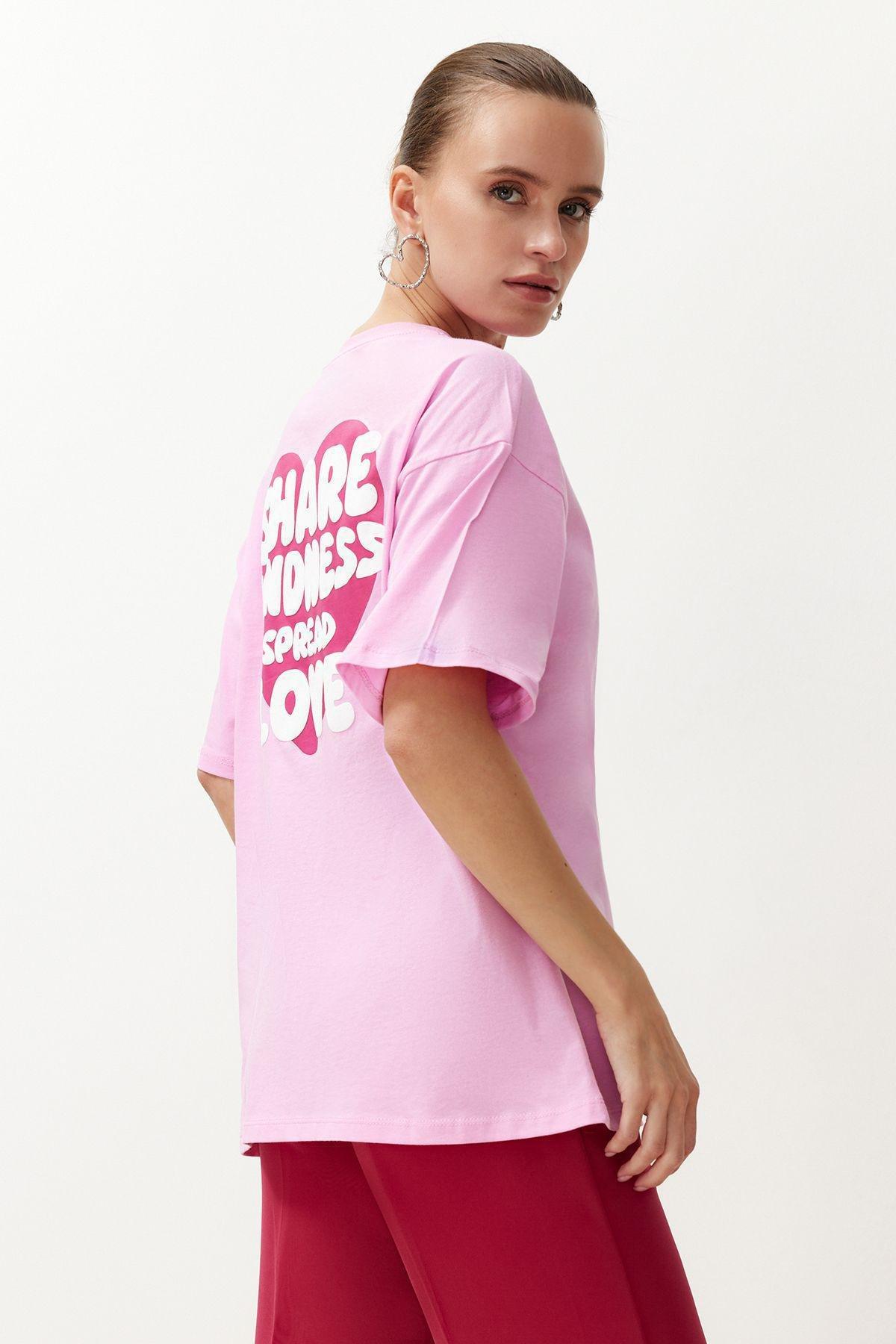 Pink Printed Oversized Relaxed Knitted T-Shirt, , large image number 0