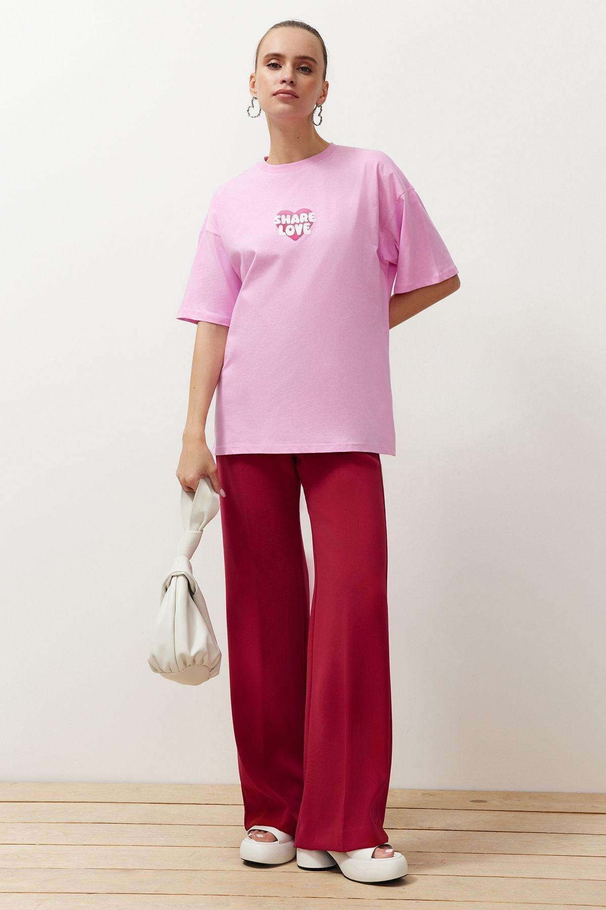 Pink Printed Oversized Relaxed Knitted T-Shirt, , large image number 1
