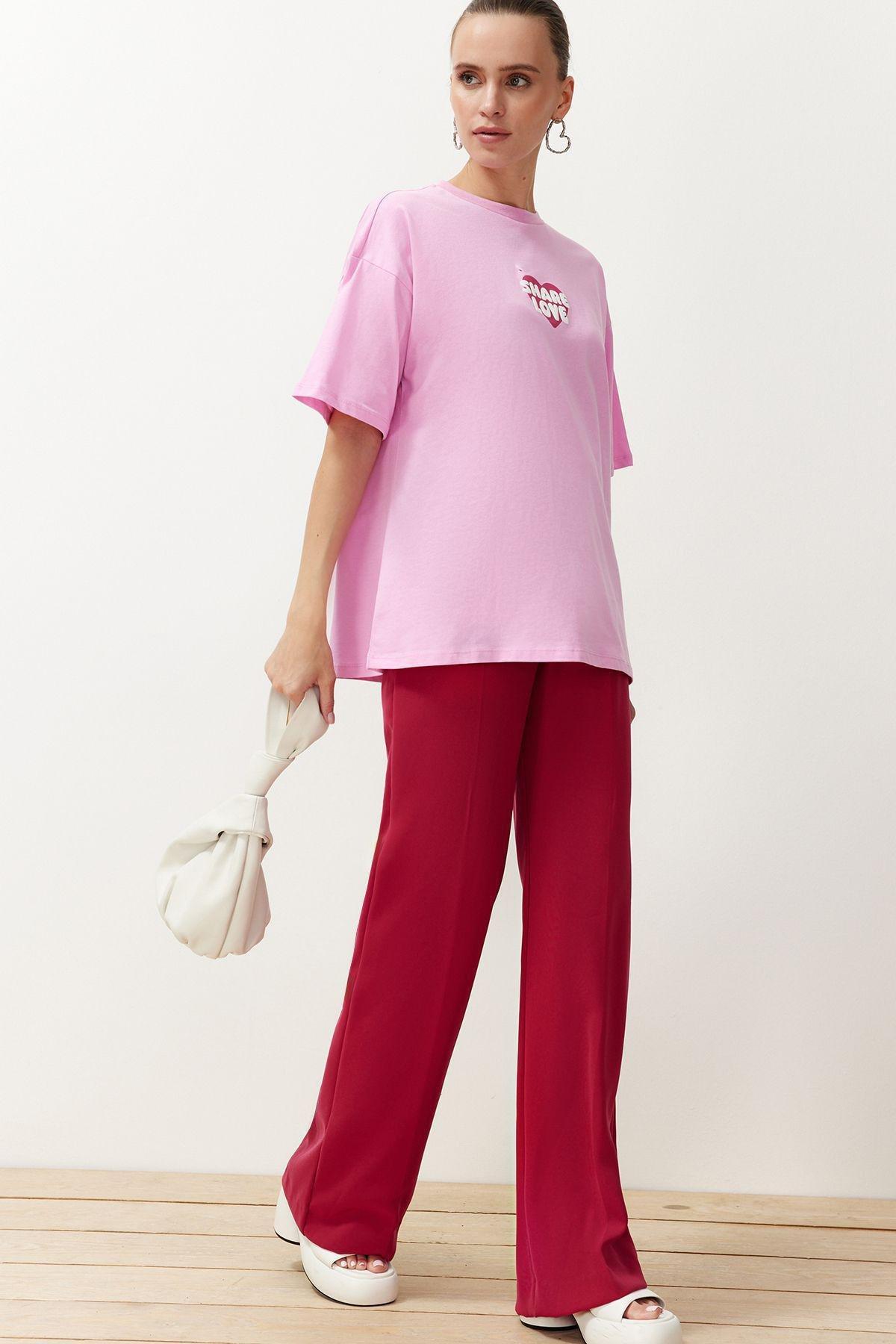 Pink Printed Oversized Relaxed Knitted T-Shirt, , large image number 2