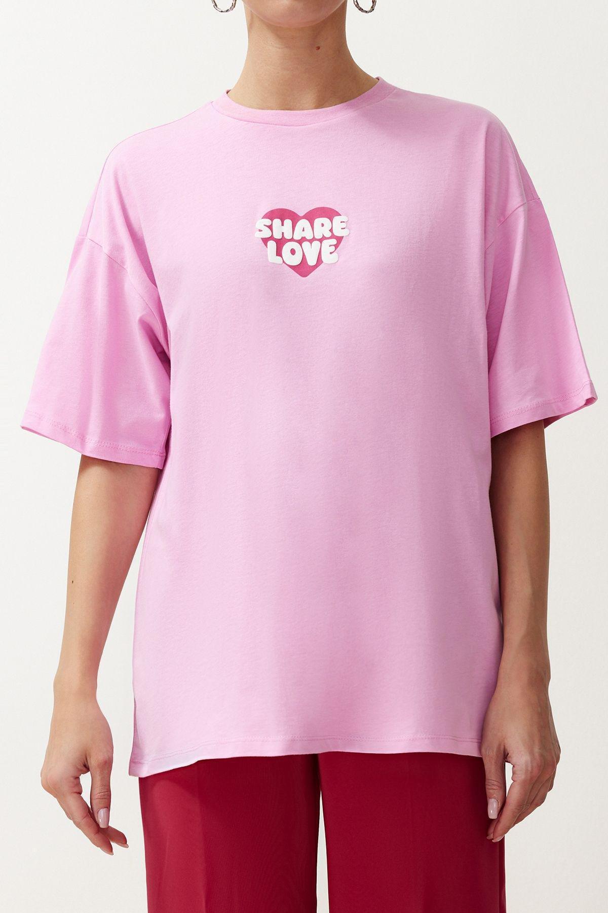 Pink Printed Oversized Relaxed Knitted T-Shirt, , large image number 4