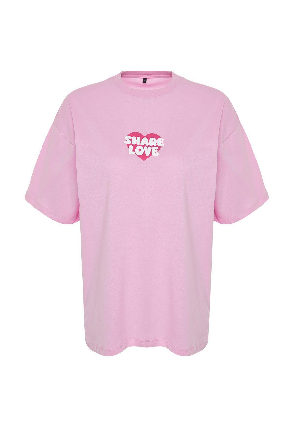 Pink Printed Oversized Relaxed Knitted T-Shirt, , large image number 5