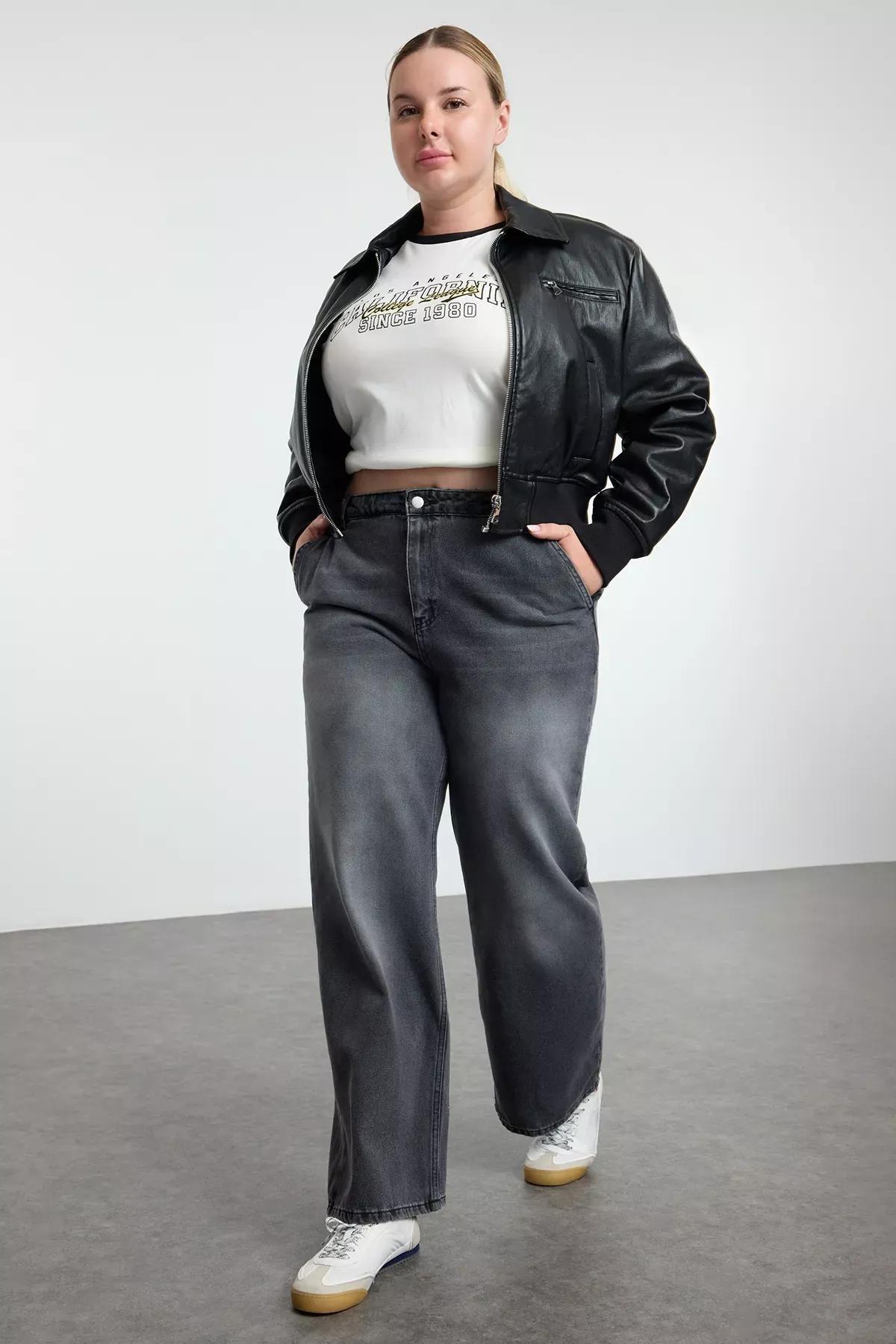 Grey Wide Leg Plus Jeans, Anthracite, large image number 0