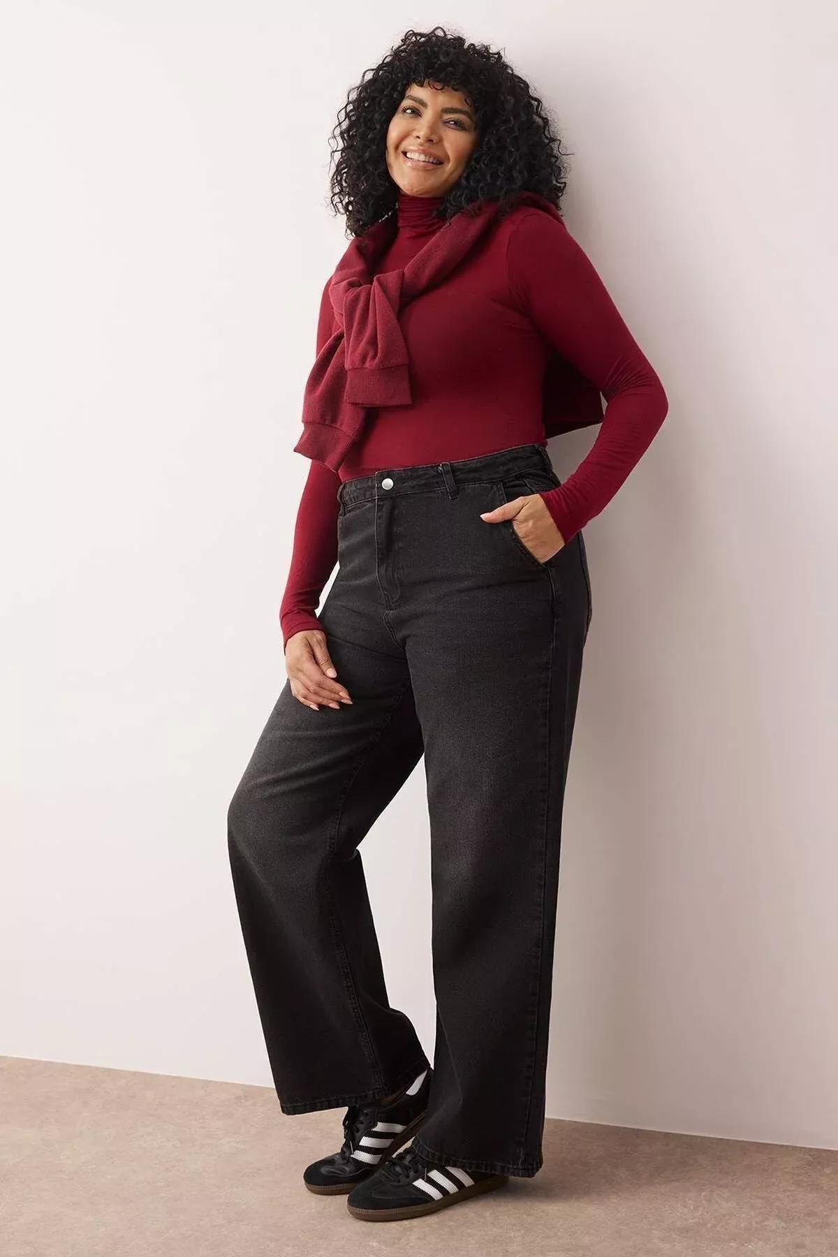 Grey Wide Leg Plus Jeans, Anthracite, large image number 3