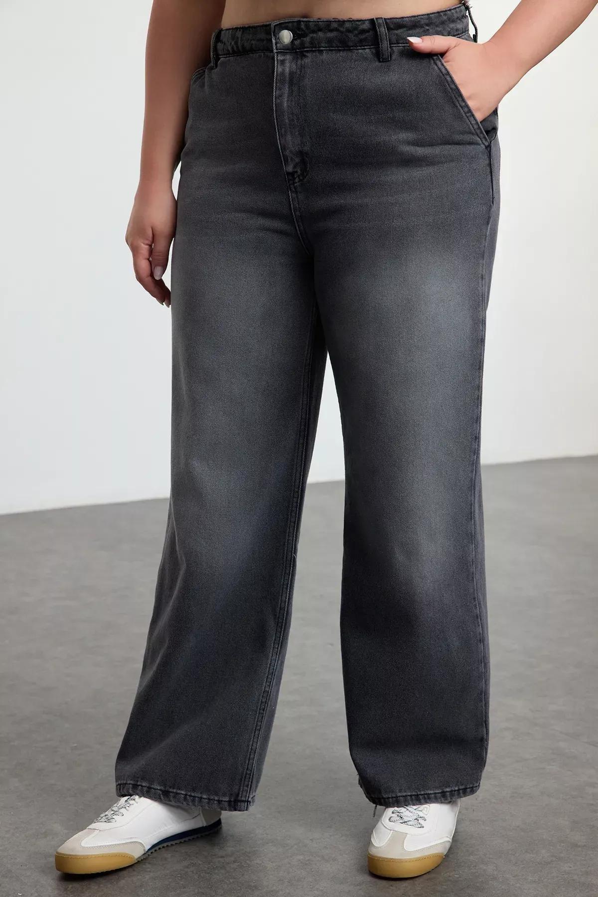 Grey Wide Leg Plus Jeans, Anthracite, large image number 4
