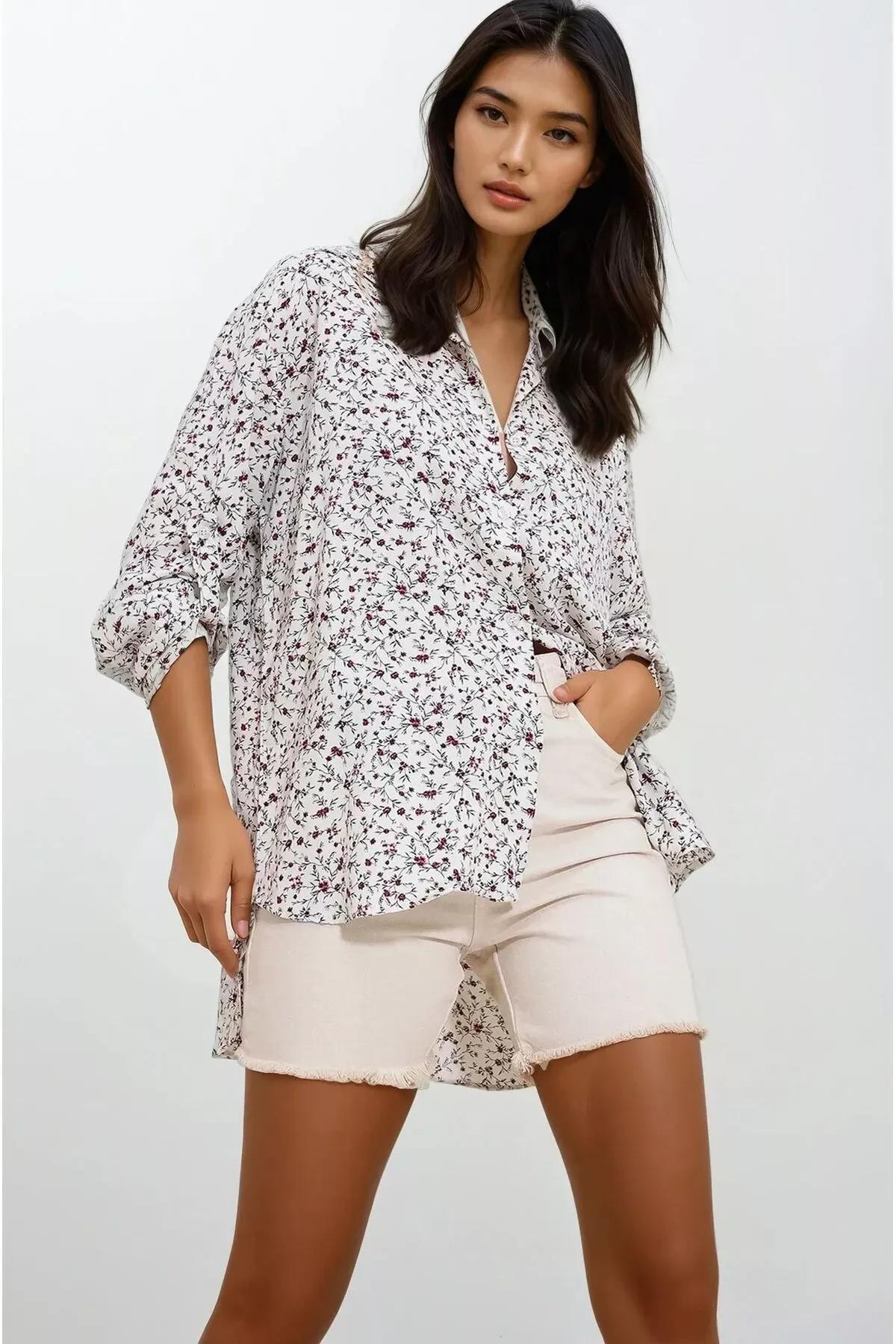Ecru Floral Casual Blouse, Ecru, large image number 1