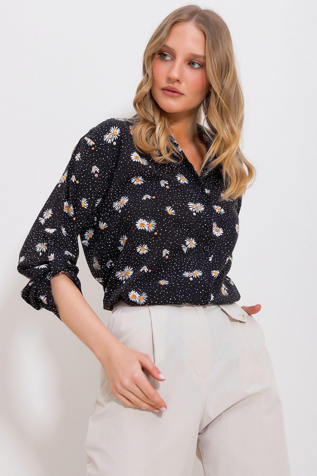 Black Floral Button Down Shirt, , large image number 1
