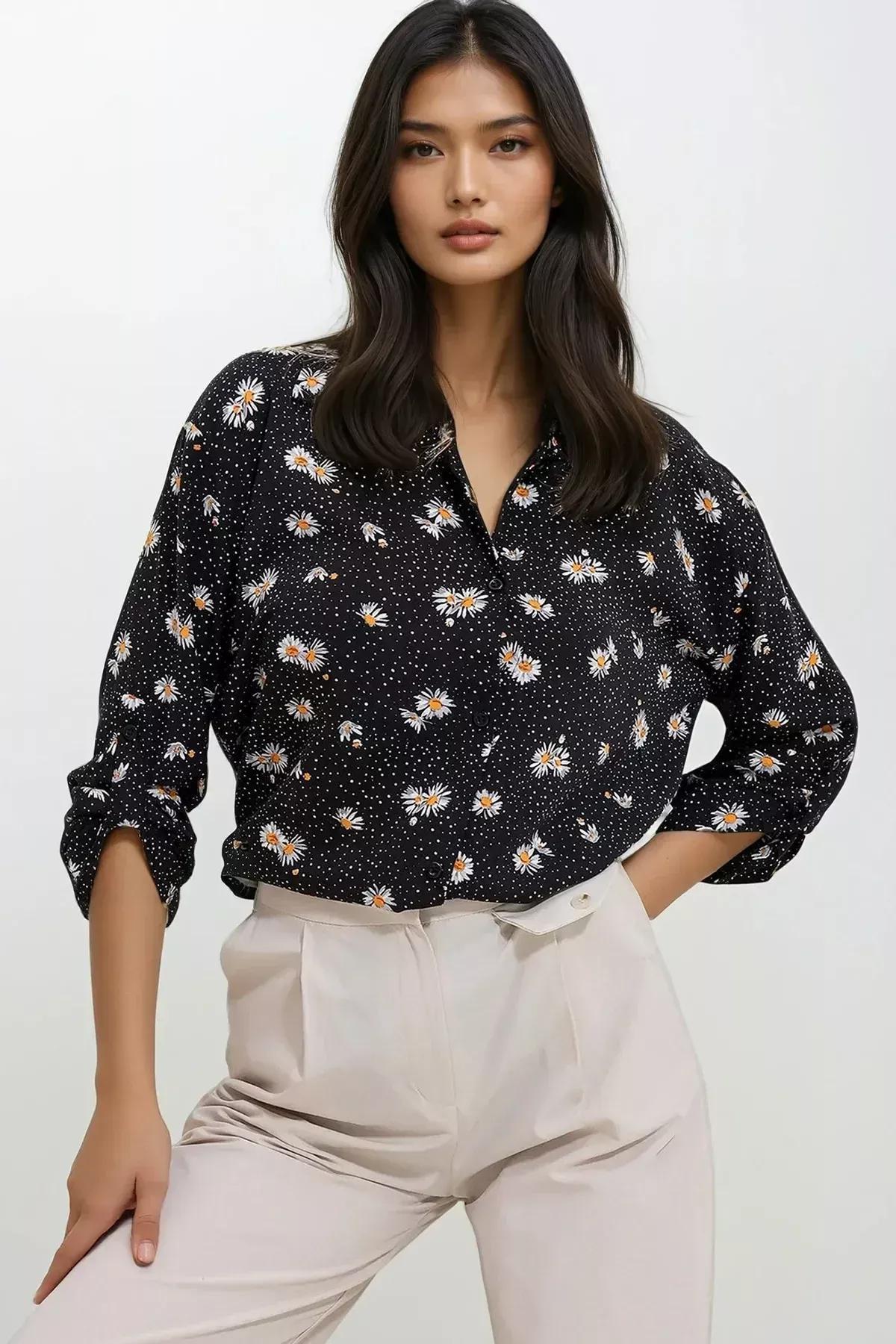 Black Floral Button Down Shirt, BLACK, large image number 1