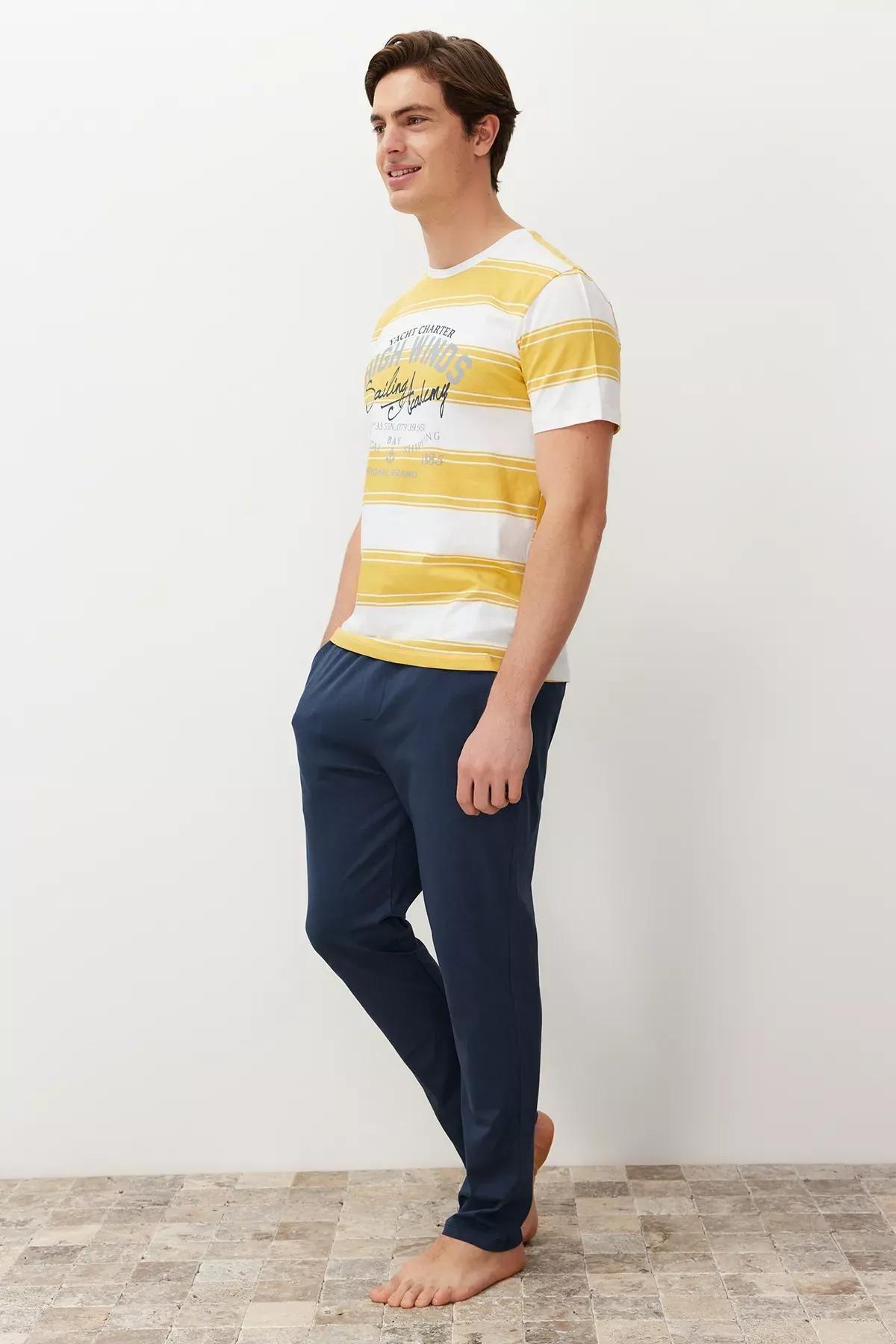 Yellow Striped Knitted Pyjamas Set, Yellow, large image number 1