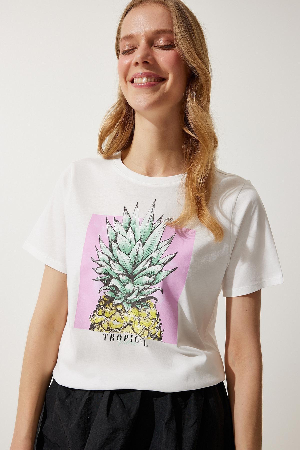 Womens White Printed 100% Cotton Knitted T-Shirt WO00037, single, C101_5696, large image number 1