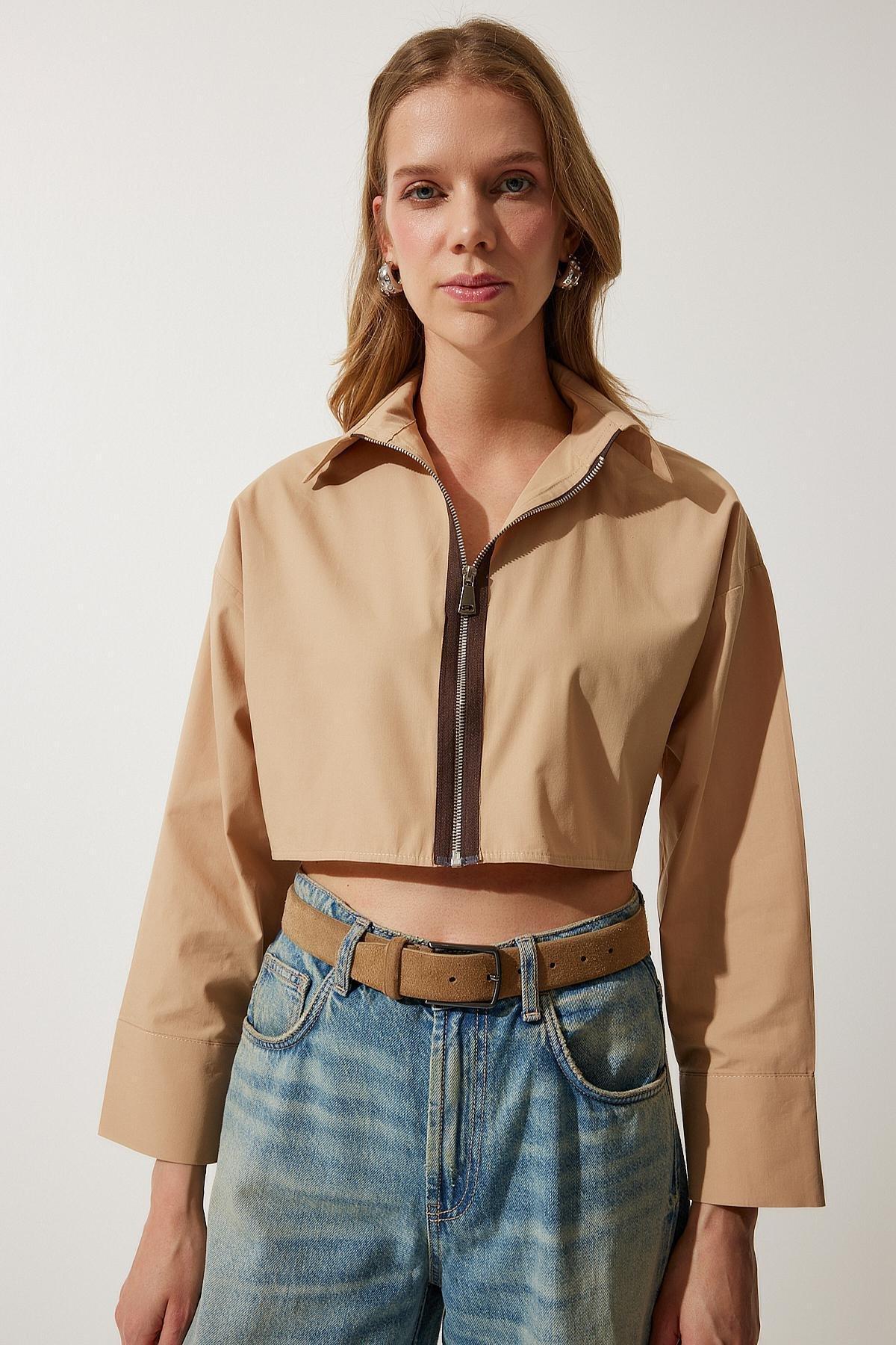 Sand Zipper Poplin Crop Shirt, C101_1936, large image number 2
