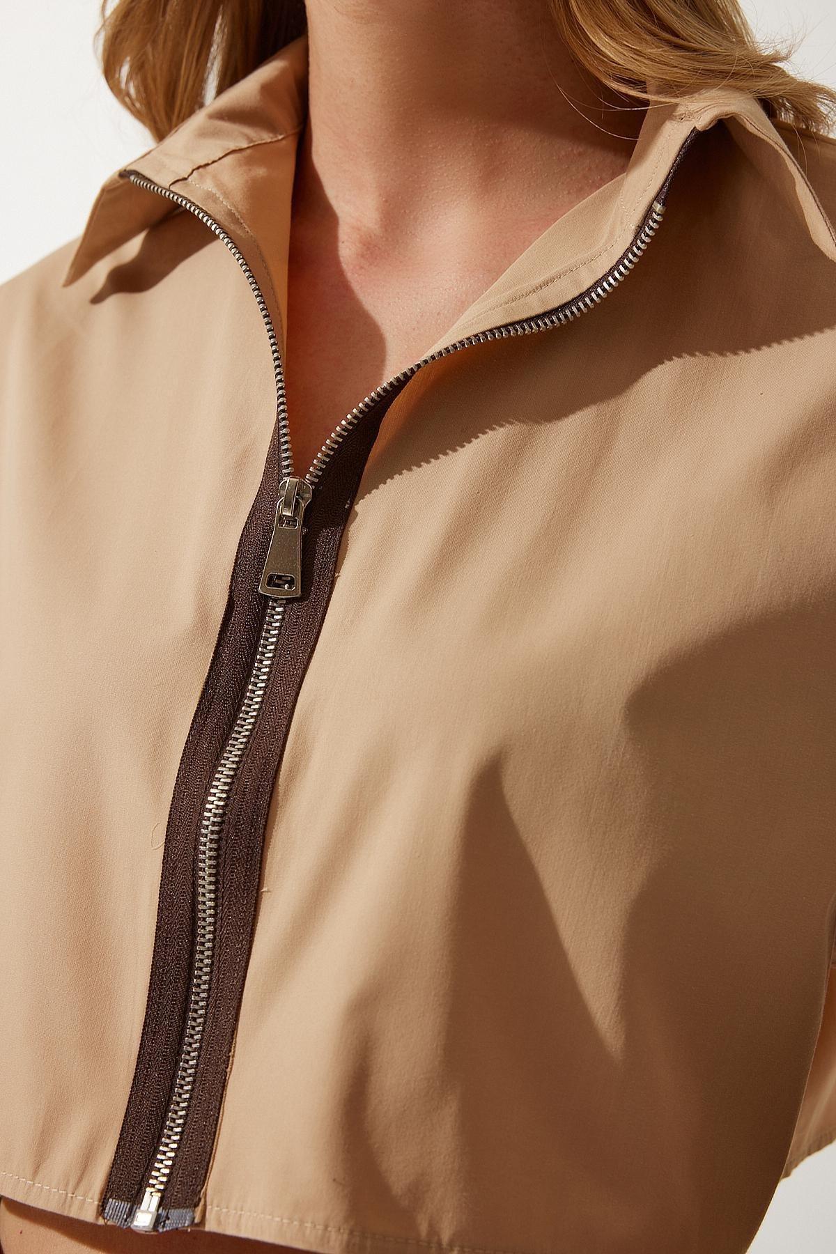 Sand Zipper Poplin Crop Shirt, C101_1936, large image number 3